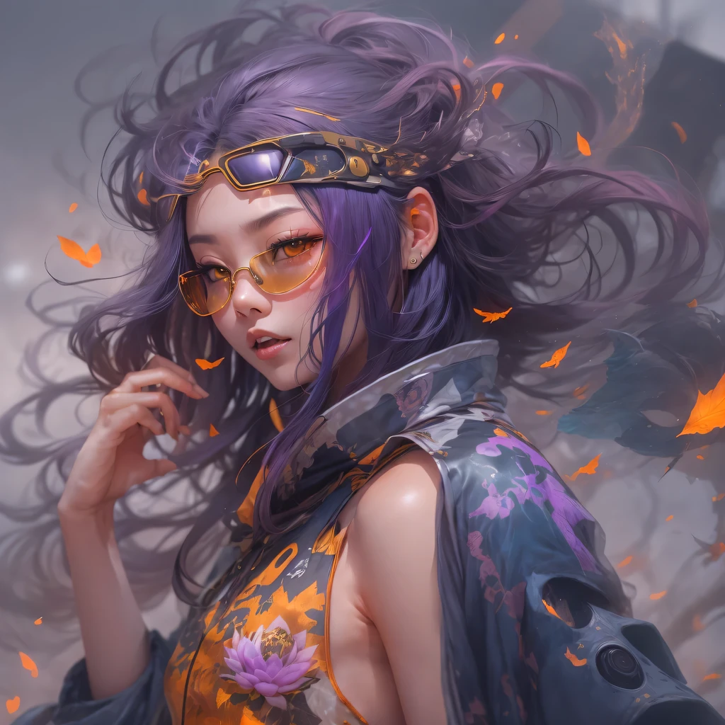 5679 Cyberpunk Year(masterpiece,HD,超HD,32k lotus root starch)Bright purple flowing hair,autumn pond, lotus root starch color, Asian (Michiko), (silk scarf), fighting stance, looking at the ground, Orange gradient long hair, ((Thick frame reflective jade windproof goggles))Floating bright purple, Fire cloud gold headdress, Chinese long-sleeved gold silk garment, (Abstract ink splash:1.2),mars background,lotus(realistically:1.4),bright purple hair,Smoke on the road,The background is very ivory、pure, high resolution, Detailed wind protection goggles, RAW photos lotus root starch, Sharp Re, Nikon D850 film photo by Jefferies Lee 4 Kodak Portra 400 camera F1.6 guns, rich and colorful, Super real、Vivid textures, dramatic lighting, Unreal Engine Art Station Trend, Silicon Nest 800