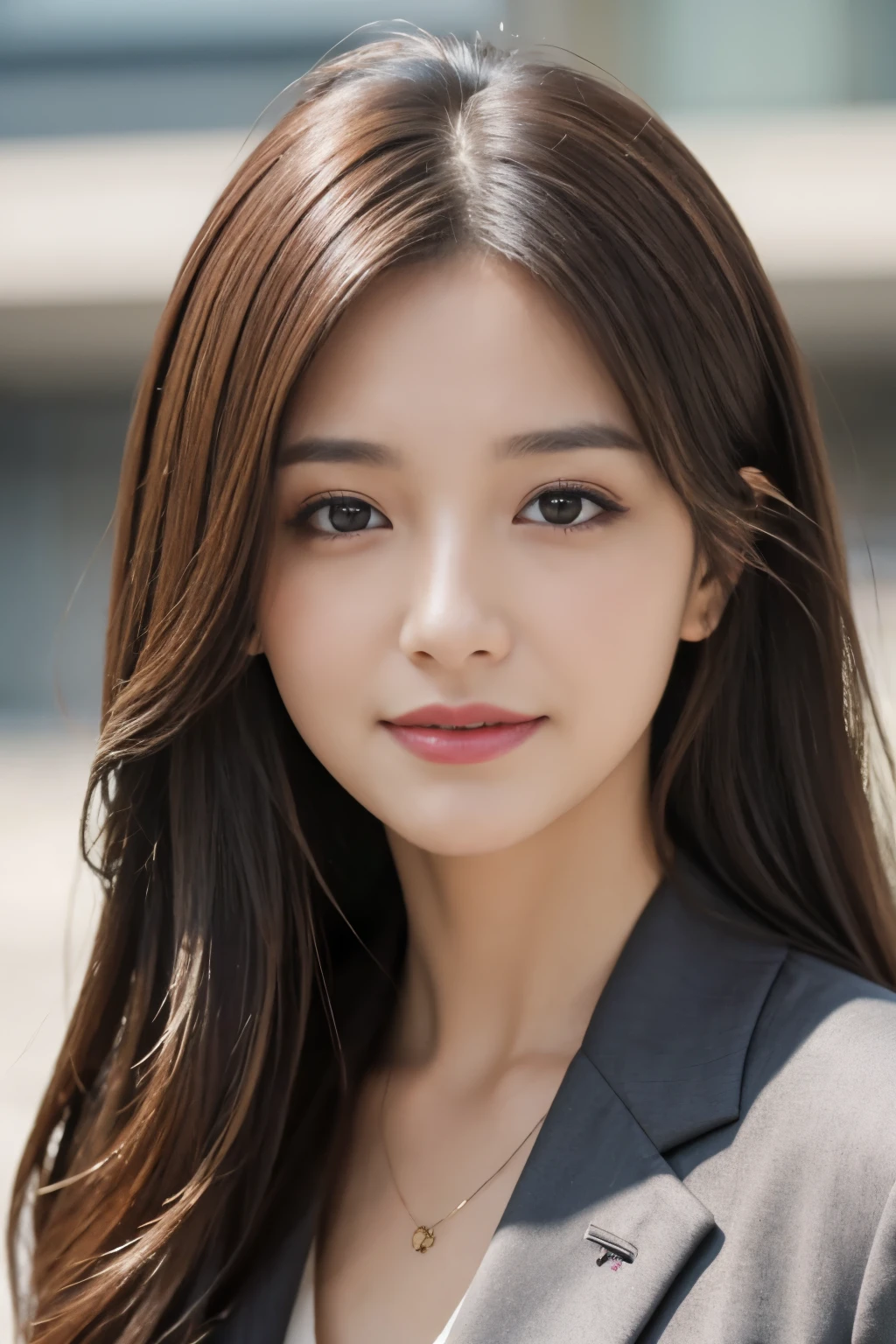 table top、highest quality、genuine、Super detailed、finely、High resolution、8k wallpaper、one beautiful woman、、、light brown disheveled hair、wearing a business suit、sharp focus、perfect dynamic composition、beautiful and detailed eyes、thin hair、詳細なgenuineな肌の質感、smile、close-up portrait、model body shape