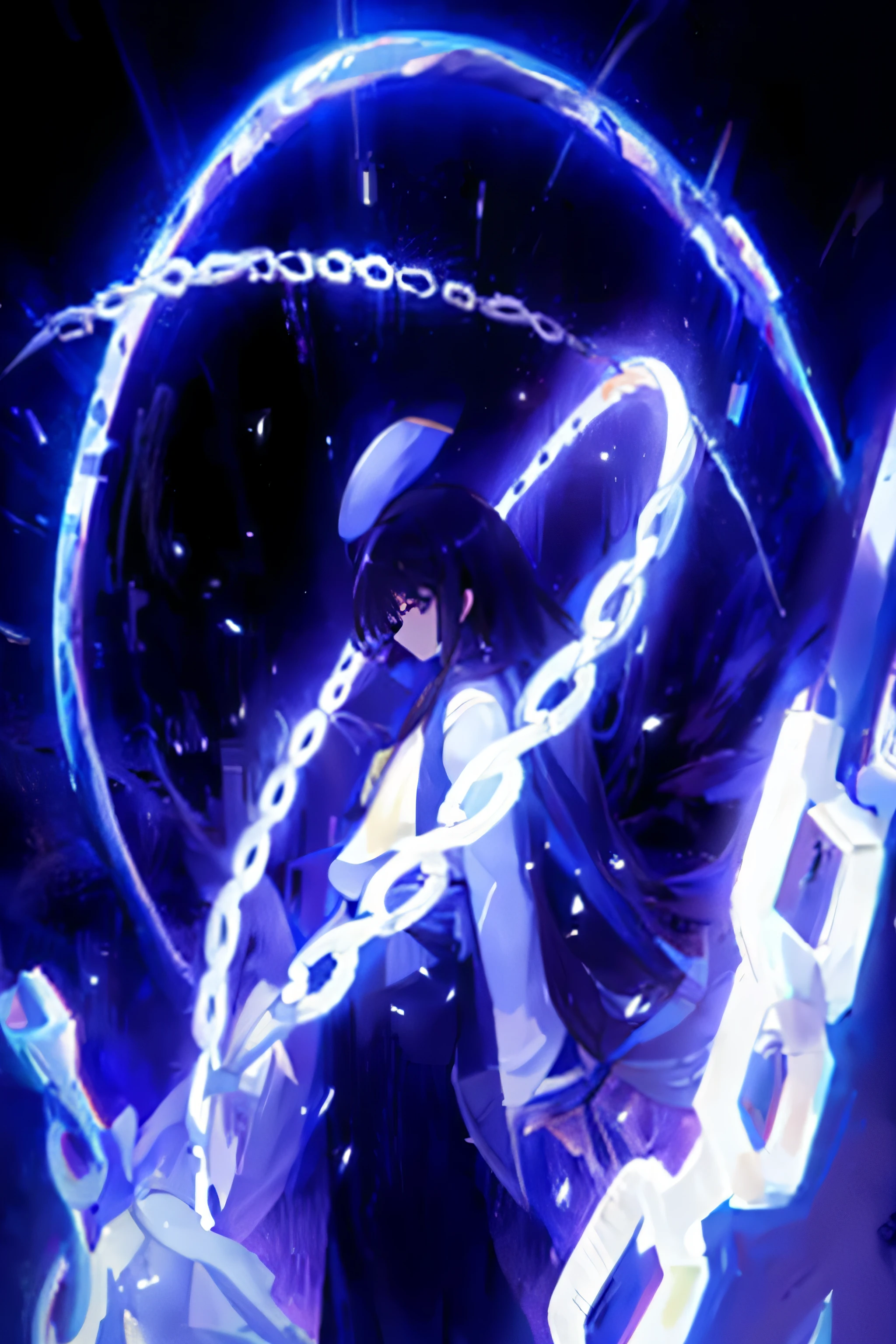 um close up de uma pessoa segurando uma corrente com asas em um quarto escuro, estilo de arte ufotable, romantismo deitado, Close Up Iwakura Lain, ( ( ( anime ) ) ), Quadro-chave do anime, ufotable, arte chave detalhada do anime, Neon Preto, ultra-detalhado. anime, captura de tela de um anime de 2012, arte em alta qualidade