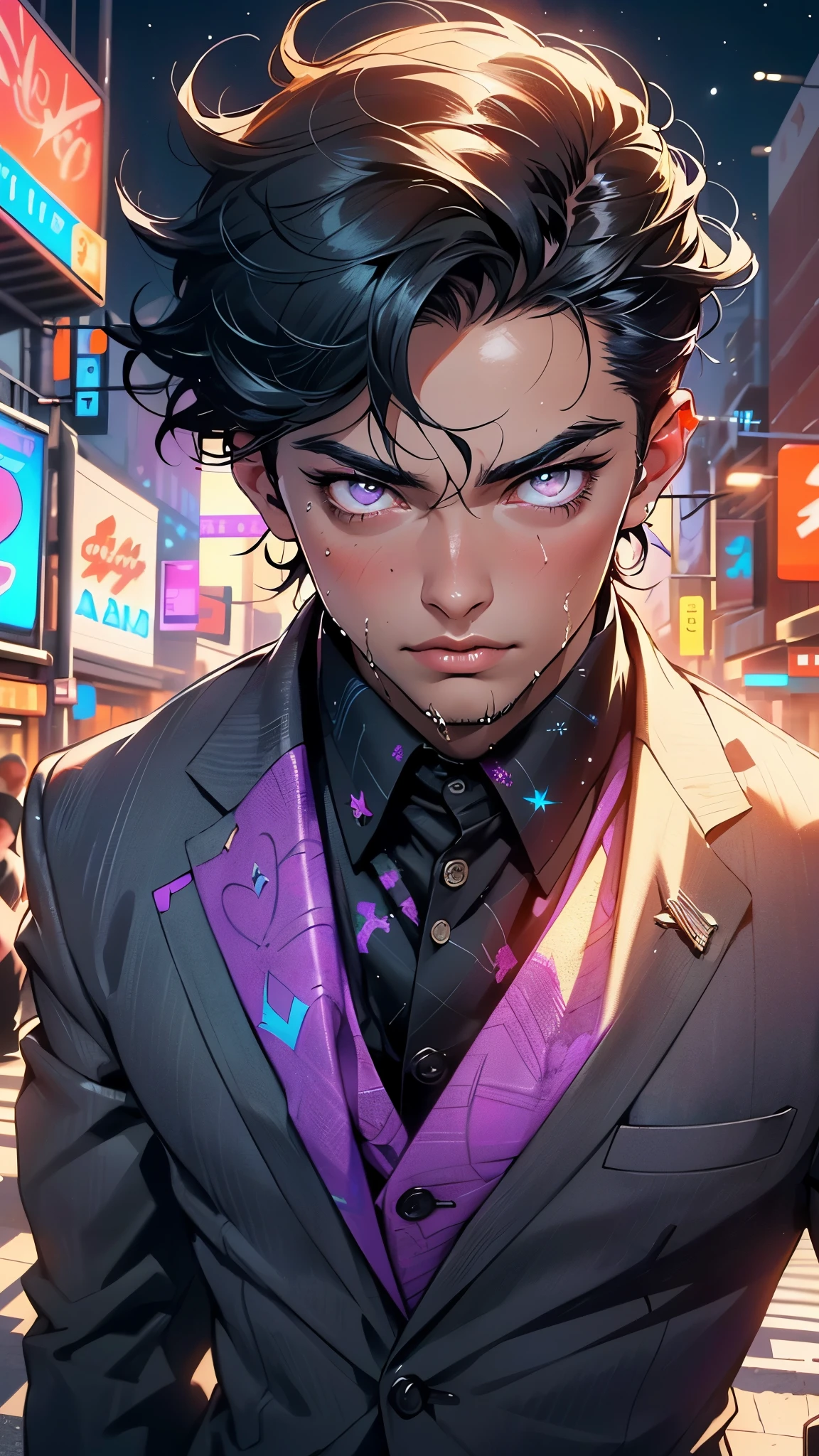 man:1.5,1 man,businessman man,(((1man))),((man with black short hair)),
(((1male,man:1.5,handsome man,male,male gender:1.5,male focus))),macho man,hero,
((messy hair,black short haircut,detailed black hair,highly detailed hair,black hair,colored inner hair)),(((lustrous skin:1.5,tanned skin,bright skin: 1.5,skin tanned,shiny skin,very shiny skin,shiny body,illuminated skin))),(((purple_eyes:1.2))),intricate eyes,beautiful detailed eyes,symmetrical eyes,((man chest)),handsome face,((muscular)),male jaw,((very short beard)),(((detailed face))),
manly,nsfw,
cyberpunk businessman, ((Business suit:1.5)), futuristic businessman,((bulge in pants)),((bold color suit:1.2)),((wet clothes,intricate outfit,intricate clothes,intricate suit)),
(dynamic pose:1.0),solo focus,((smug)),(centered,scale to fit dimensions,Rule of thirds),
cyberpunk city by the ocean at night, with bright neon signs and dark stormy clouds and puddles, scenery:1.25,nighttime, starry night, cosmos,Very dark night that makes the neon lights stand out, very bright neon lights,nighttime, starry night, cosmos,
artistic photography,(photography taken by sldr),highres, sharp focus,(ultra detailed, extremely detailed), (photorealistic artwork:1.37),(extremely detailed CG unity 8k wallpaper),((synthwave background theme)),(((vibrant colors))),intricate,(intricate background),(masterpiece),(best quality),perfect rendered face,perfect face details,realistic face,photo realistic,analog style,((intricate detail)),(((realism))),