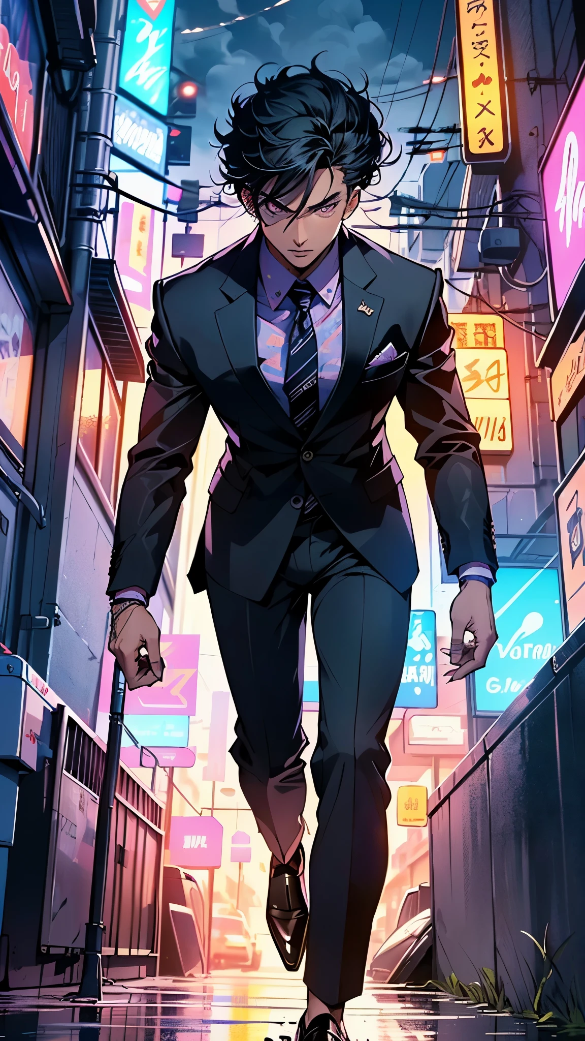 man:1.5,1 man,businessman man,(((1man))),((man with black short hair)),
(((1male,man:1.5,handsome man,male,male gender:1.5,male focus))),macho man,hero,
((messy hair,black short haircut,detailed black hair,highly detailed hair,black hair,colored inner hair)),(((lustrous skin:1.5,tanned skin,bright skin: 1.5,skin tanned,shiny skin,very shiny skin,shiny body,illuminated skin))),(((purple_eyes:1.2))),intricate eyes,beautiful detailed eyes,symmetrical eyes,((man chest)),handsome face,((muscular)),male jaw,((very short beard)),(((detailed face))),
manly,nsfw,
cyberpunk businessman, ((Business suit:1.5)), futuristic businessman,((bulge in pants)),((bold color suit:1.2)),((wet clothes,intricate outfit,intricate clothes,intricate suit)),
(dynamic pose:1.0),solo focus,((smug)),(centered,scale to fit dimensions,Rule of thirds),
cyberpunk city by the ocean at night, with bright neon signs and dark stormy clouds and puddles, scenery:1.25,nighttime, starry night, cosmos,Very dark night that makes the neon lights stand out, very bright neon lights,nighttime, starry night, cosmos,
artistic photography,(photography taken by sldr),highres, sharp focus,(ultra detailed, extremely detailed), (photorealistic artwork:1.37),(extremely detailed CG unity 8k wallpaper),((synthwave background theme)),(((vibrant colors))),intricate,(intricate background),(masterpiece),(best quality),perfect rendered face,perfect face details,realistic face,photo realistic,analog style,((intricate detail)),(((realism))),