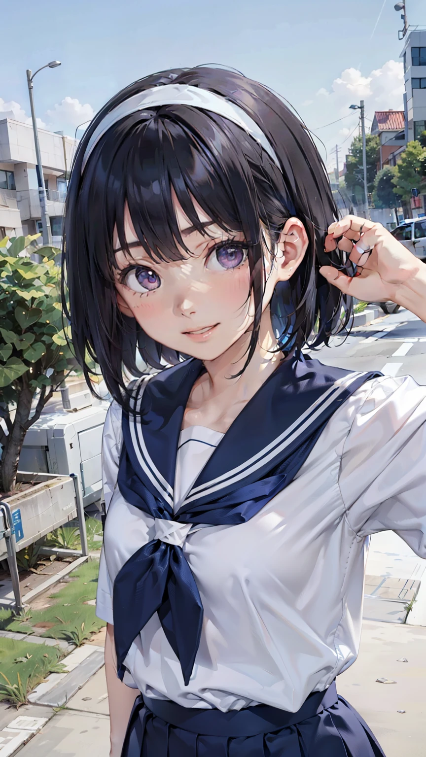 sailor suit, one woman, (a beauty woman, delicate :1.3), 8K, highest quality, masterpiece, Super detailed, ultra high resolution, realistic, RAW photo, absolute resolution, black hair, bob cut, small face compared to body, very small face, black hair, navy blue sailor uniform, Dark blue skirt, High school girl in sailor suit, Anime 2D rendering, realistic若いアニメの女子高生, , ((white headband)), (white headband), small breasts, tall, slanted eyes, purple eyes, (school scenery), black stockings, bright color, open your mouth, smile,