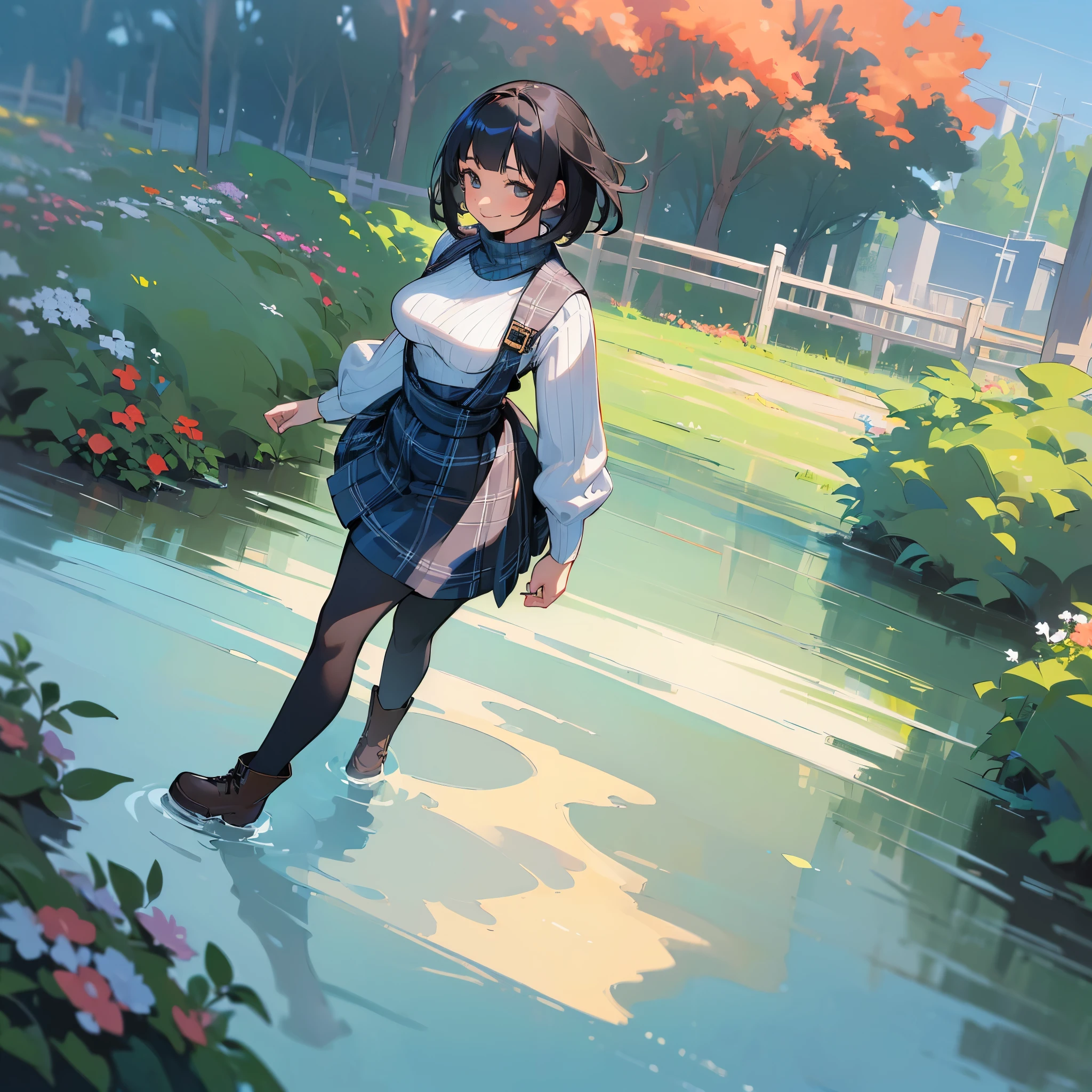 (high quality, High resolution, Super detailed, reality:1.37), peaceful atmosphere, (outdoor, garden), age girl standing alone, (My breasts are big.), Beautiful detailed features, cute smile, (black bob hair), ribbed sweater, Blue plaid skirt, black tights, brown boots.