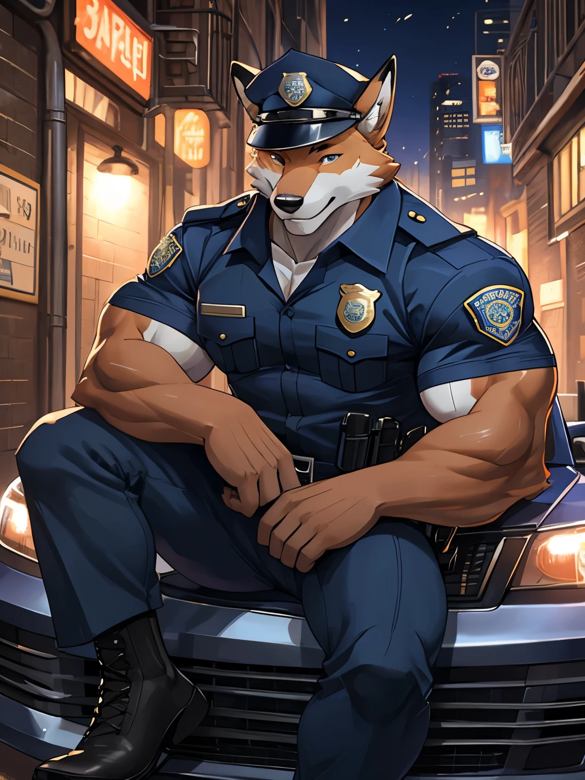 Fox, good looking, male, anthro, police uniform, ultradetailed, muscular, solo, bareness, rippling muscles, muscles, dark alley background, tail, hot, sitting in vehicle, police car