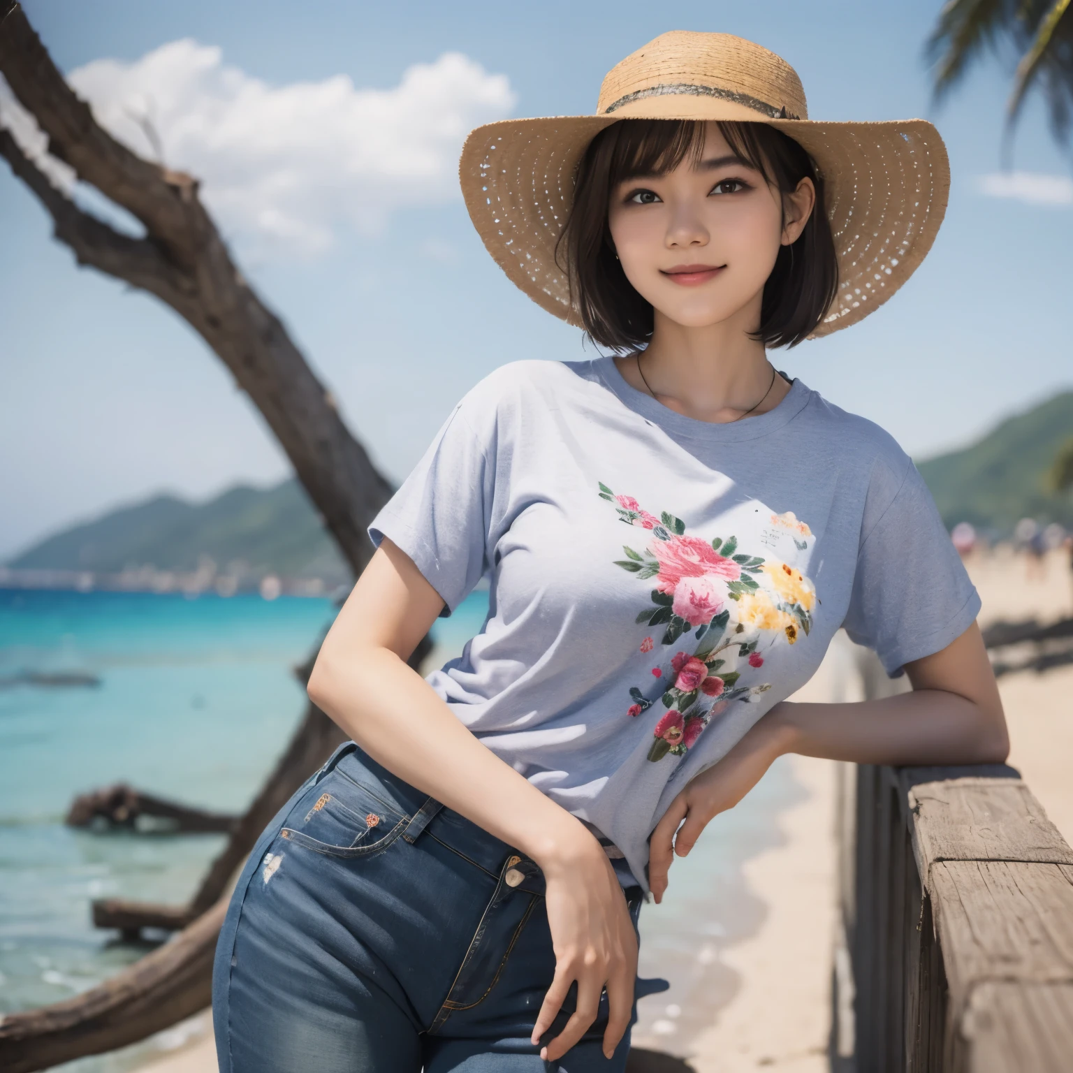 158
(Shorthair:1.46), (a 20 yo woman, standing), (A hyper-realistic), (Masterpiece), (8KUHD), (gentle smile), Slender waist, Wearing jeans, ((Floral Clothing - T-Shirts)), Wearing long pants, (abstract painting), (splash on the beach), (breasts:1.3), (口紅), panama hat