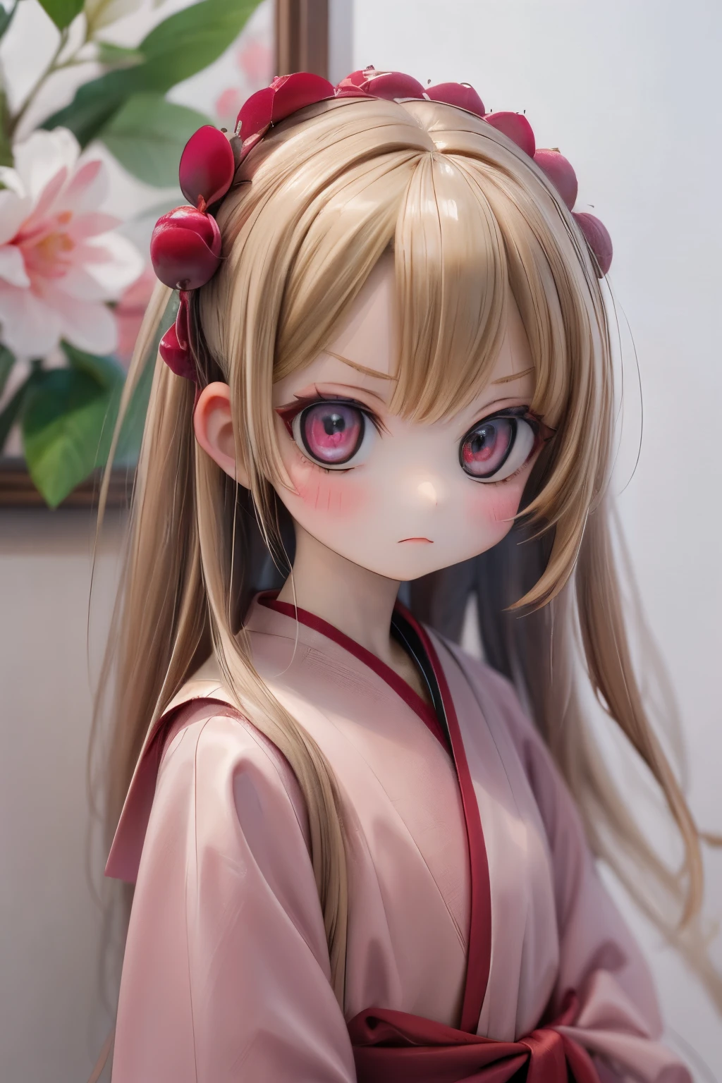 Doll standing in front of the painting, blonde, angry face, Sengai, pixiv, rococo, dolfie dream, watercolor Nendoroid, (high definition figure), flowing cherry colored silk, nendroid, highly_detailed!!, cherry blossom petals, flowing cherry blossom silk, season!!: 🌸 ☀ 🍂 ❄