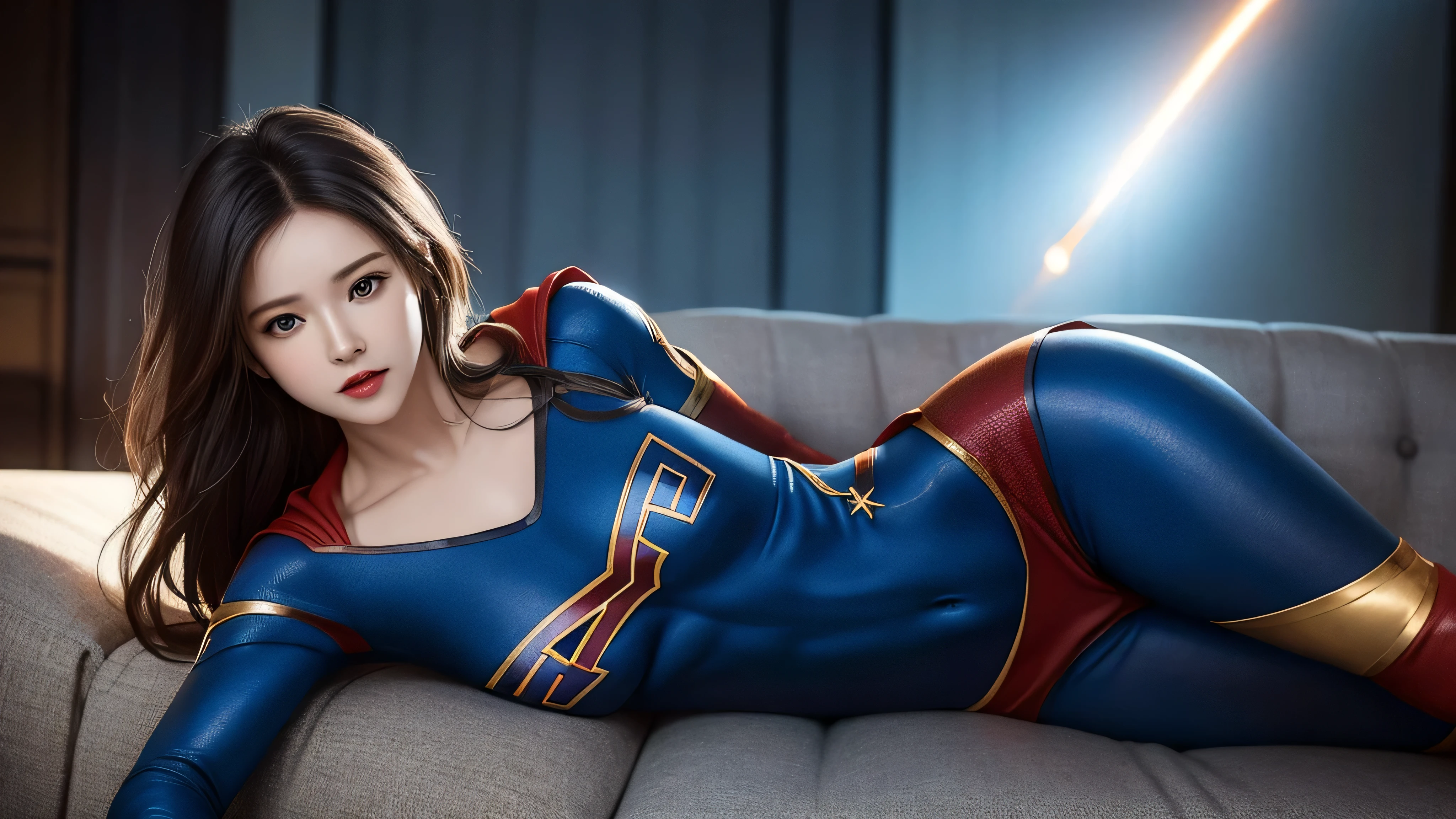 high movie quality, professional photography, fantasy scene, Supergirl stops the missile, Supergirl is wearing a black and gold suit, Sexy Suit,floating layer and "s" in my chest. Totally sexy in a sensual dynamic pose, fantasia sexy supergirl .Lying on the sofa、