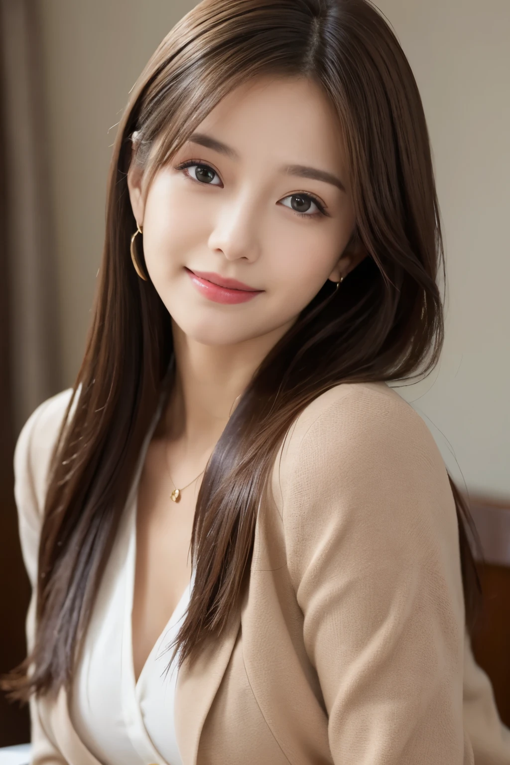 table top、highest quality、genuine、Super detailed、finely、High resolution、8k wallpaper、one beautiful woman、、、light brown disheveled hair、wearing a business suit、sharp focus、perfect dynamic composition、beautiful and detailed eyes、thin hair、詳細なgenuineな肌の質感、smile、close-up portrait、model body shape
