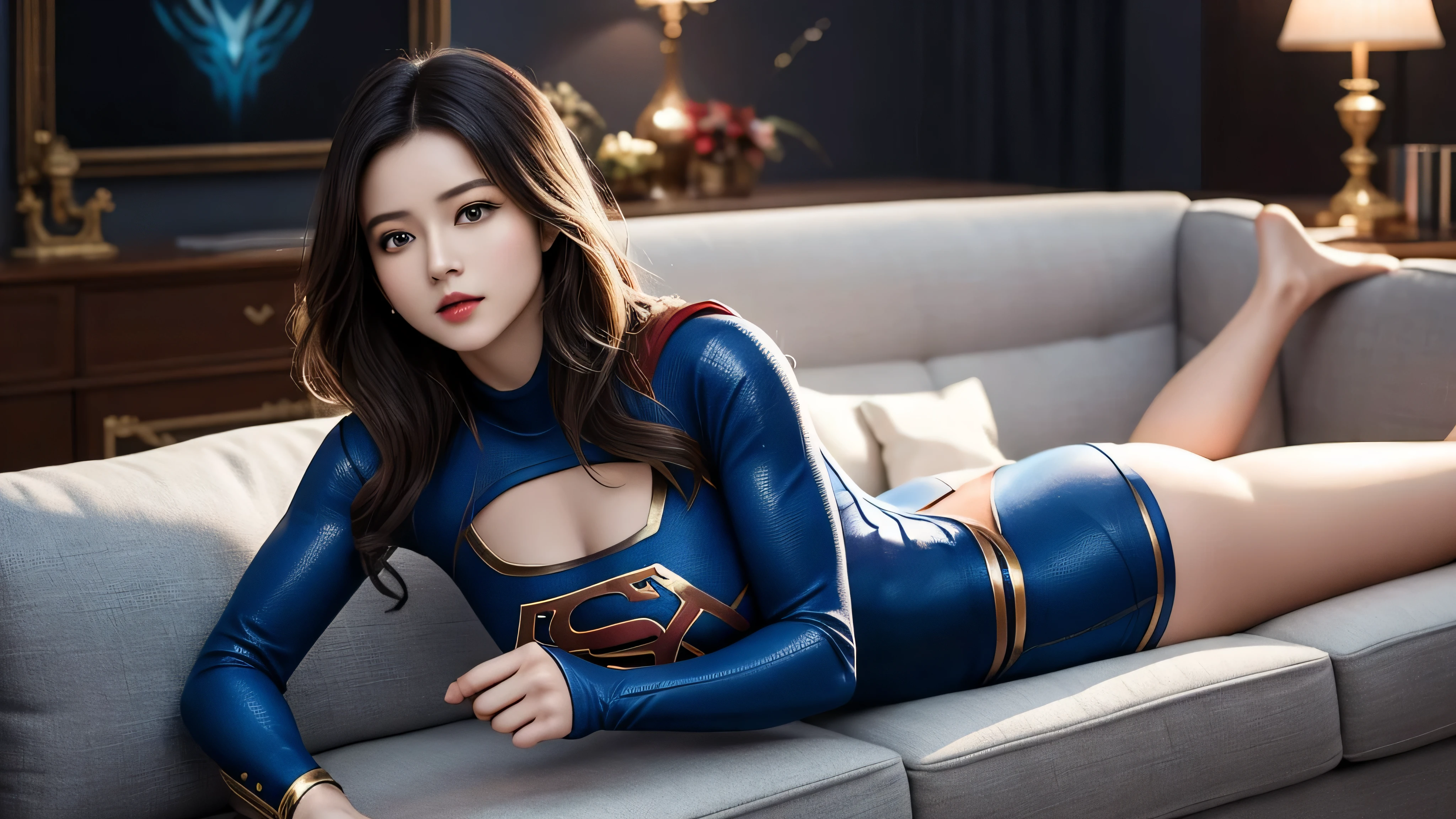 high movie quality, professional photography, fantasy scene, Supergirl stops the missile, Supergirl is wearing a black and gold suit, Sexy Suit,floating layer and "s" in my chest. Totally sexy in a sensual dynamic pose, fantasia sexy supergirl .Lying on the sofa、