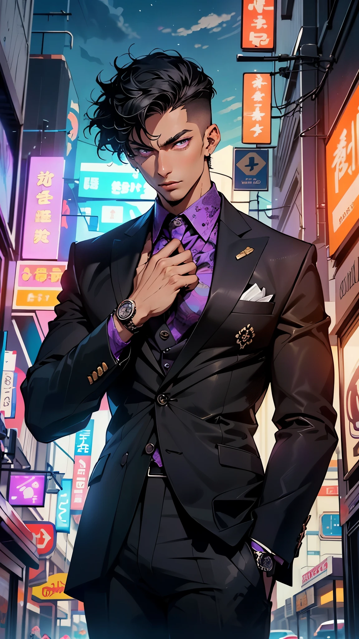 man:1.5,1 man,businessman man,(((1man))),((man with black short hair)),
(((1male,man:1.5,handsome man,male,male gender:1.5,male focus))),macho man,hero,
((messy hair,black short haircut,detailed black hair,highly detailed hair,black hair,colored inner hair)),(((lustrous skin:1.5,tanned skin,bright skin: 1.5,skin tanned,shiny skin,very shiny skin,shiny body,illuminated skin))),(((purple_eyes:1.2))),intricate eyes,beautiful detailed eyes,symmetrical eyes,((man chest)),handsome face,((muscular)),male jaw,((very short beard)),(((detailed face))),
manly,nsfw,
cyberpunk businessman, ((Business suit:1.5)), futuristic businessman,((bulge in pants)),((bold color suit:1.2)),((wet clothes,intricate outfit,intricate clothes,intricate suit)),
(dynamic pose:1.0),solo focus,((smug)),(centered,scale to fit dimensions,Rule of thirds),
cyberpunk city by the ocean at night, with bright neon signs and dark stormy clouds and puddles, scenery:1.25,nighttime, starry night, cosmos,Very dark night that makes the neon lights stand out, very bright neon lights,nighttime, starry night, cosmos,
artistic photography,(photography taken by sldr),highres, sharp focus,(ultra detailed, extremely detailed), (photorealistic artwork:1.37),(extremely detailed CG unity 8k wallpaper),((synthwave background theme)),(((vibrant colors))),intricate,(intricate background),(masterpiece),(best quality),perfect rendered face,perfect face details,realistic face,photo realistic,analog style,((intricate detail)),(((realism))),