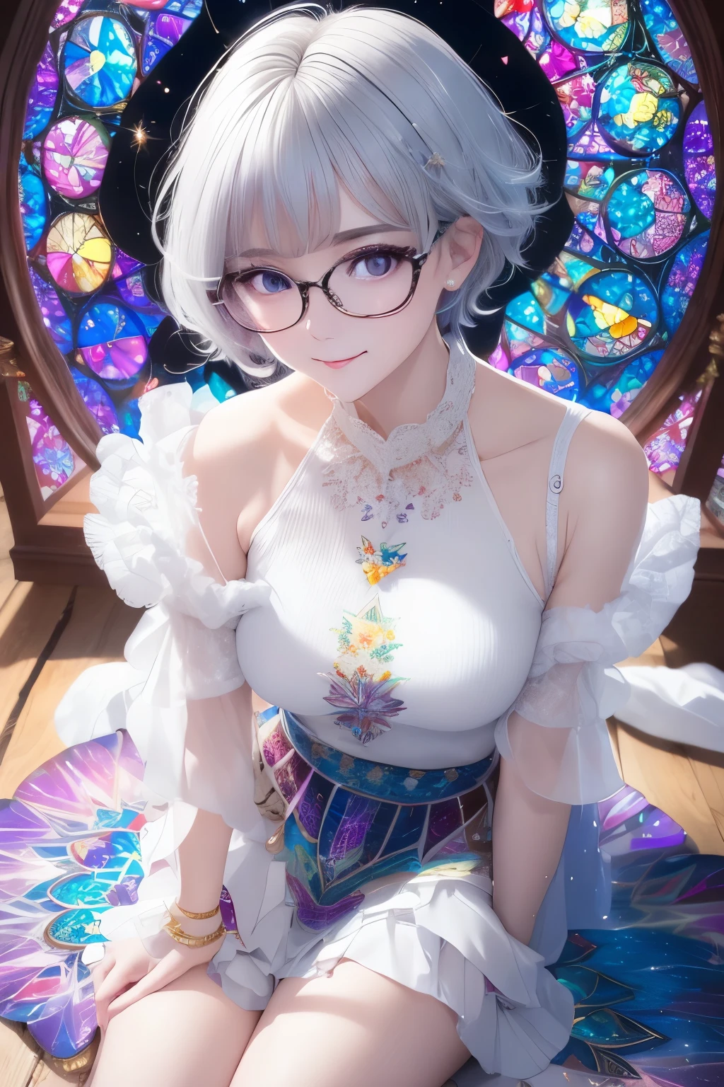 best quality, 32k, RAW photo, incredibly absurdres, extremely detailed, delicate texture, quiet and beautiful woman wearing glasses, iridescent short wolf cut that bounces and flows, amorous and lewd expression, wearing white blouse, gray skirt, superlative body proportion, put your hand between your legs, iridescent pastel colour, (wind:1.2), background fine stained glass kaleidoscope with a retro feel