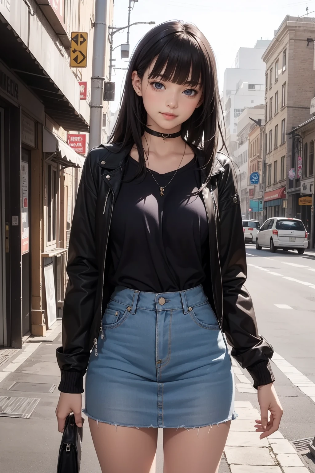 (8k, masterpiece, best quality, realistic, official art:1.3), detailed face, detailed small eyes, detailed clothes, detailed skin, detailed shiny hair, (from front, cowboy shot:1.5),
BREAK (beautiful girl:1.3), (solo, standing upright:1.5), large breasts, long legs, smile, (black long straight hair, blunt bangs:1.2), (fair skin),
BREAK (jacket, black shirt, miniskirt, choker), collarbone, outdoors, downtown, street,