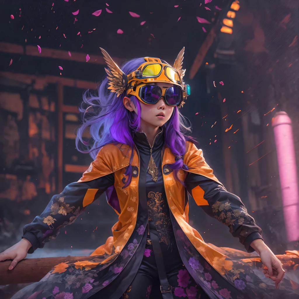 5679 Cyberpunk Year（masterpiece，HD，超HD，32k lotus root starch）Bright purple flowing hair，autumn pond， lotus root starch color， Asian （Michiko）， （silk scarf）， fighting stance， looking at the ground， Orange gradient long hair， ((Thick frame reflective jade windproof goggles))Floating bright purple， Fire cloud gold headdress， Chinese long-sleeved gold silk garment， （Abstract ink splash：1.2），mars background，lotus（realistically：1.4），bright purple hair，Smoke on the road，The background is very ivory、pure， high resolution， Detailed wind protection goggles， RAW photos lotus root starch， Sharp Re， Nikon D850 film photo by Jefferies Lee 4 Kodak Portra 400 camera F1.6 guns, rich and colorful, Super real、Vivid textures, dramatic lighting, Unreal Engine Art Station Trend, Silicon Nest 800
