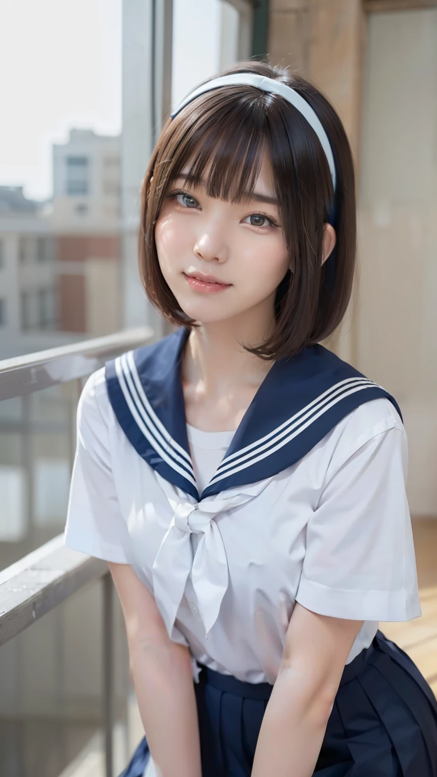 sailor suit, one woman, (a beauty woman, delicate :1.3), black hair, bob cut, 8K, highest quality, masterpiece, Super detailed, ultra high resolution, realistic, RAW photo, absolute resolution, small face compared to body, very small face, black hair, navy blue sailor uniform, Dark blue skirt, High school girl in sailor suit, realistic女子高生, ((white headband)), (white headband), small breasts, tall, slanted eyes, light blue eyes, (school scenery), black stockings, bright color, open your mouth, smile,