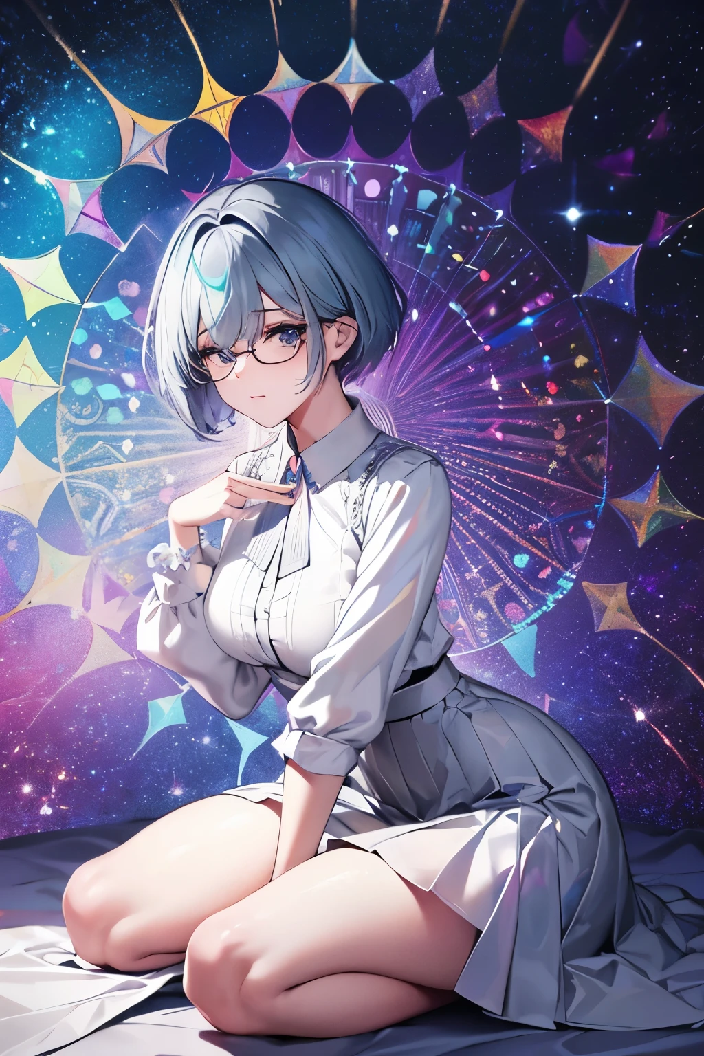 best quality, 32k, RAW photo, incredibly absurdres, extremely detailed, delicate texture, quiet and beautiful woman wearing glasses, iridescent short wolf cut that bounces and flows, amorous and lewd expression, wearing white blouse, gray skirt, superlative body proportion, put your hand between your legs, iridescent pastel colour, (wind:1.2), background fine stained glass kaleidoscope with a retro feel