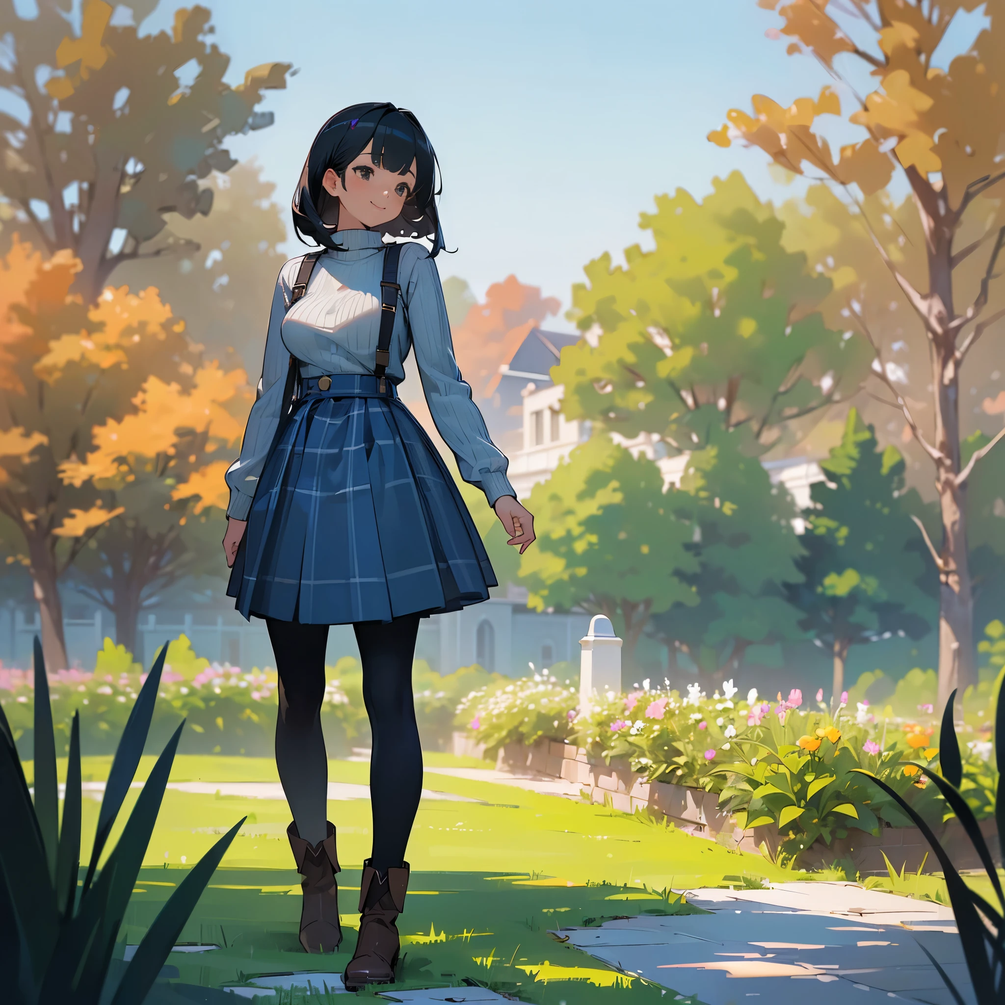 (high quality, High resolution, Super detailed, reality:1.37), peaceful atmosphere, (outdoor, garden), Teenage girl standing alone, (My breasts are big.), Beautiful detailed features, cute smile, (black bob hair), ribbed sweater, Blue plaid skirt, black tights, brown boots.