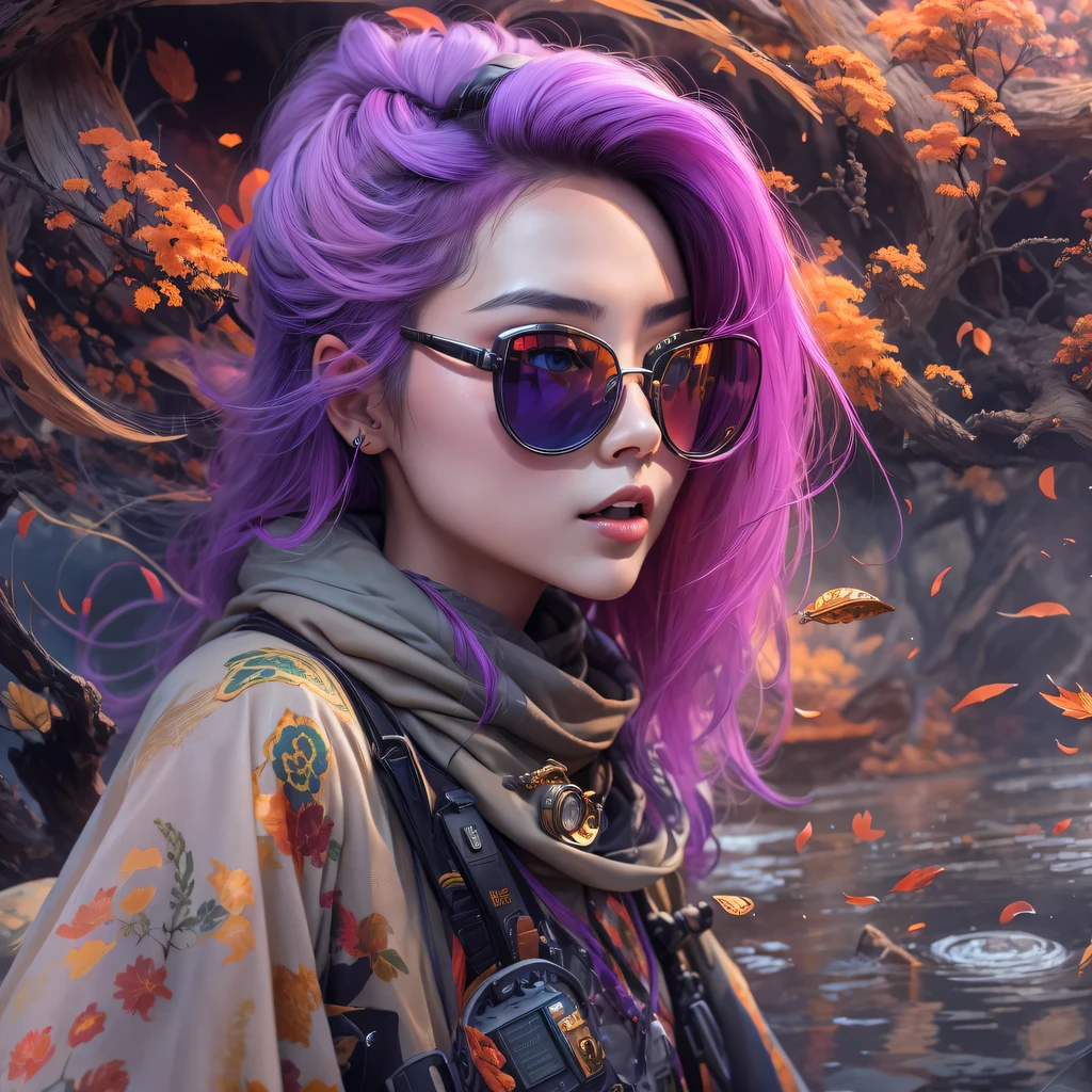 5679 Cyberpunk Year（masterpiece，HD，超HD，32k lotus root starch）Bright purple flowing hair，autumn pond， lotus root starch color， Asian （Michiko）， （silk scarf）， fighting stance， looking at the ground， Orange gradient long hair， ((Thick frame reflective jade windproof goggles))Floating bright purple， Fire cloud gold headdress， Chinese long-sleeved gold silk garment， （Abstract ink splash：1.2），mars background，lotus（realistically：1.4），bright purple hair，Smoke on the road，The background is very ivory、pure， high resolution， Detailed wind protection goggles， RAW photos lotus root starch， Sharp Re， Nikon D850 film photo by Jefferies Lee 4 Kodak Portra 400 camera F1.6 guns, rich and colorful, Super real、Vivid textures, dramatic lighting, Unreal Engine Art Station Trend, Silicon Nest 800