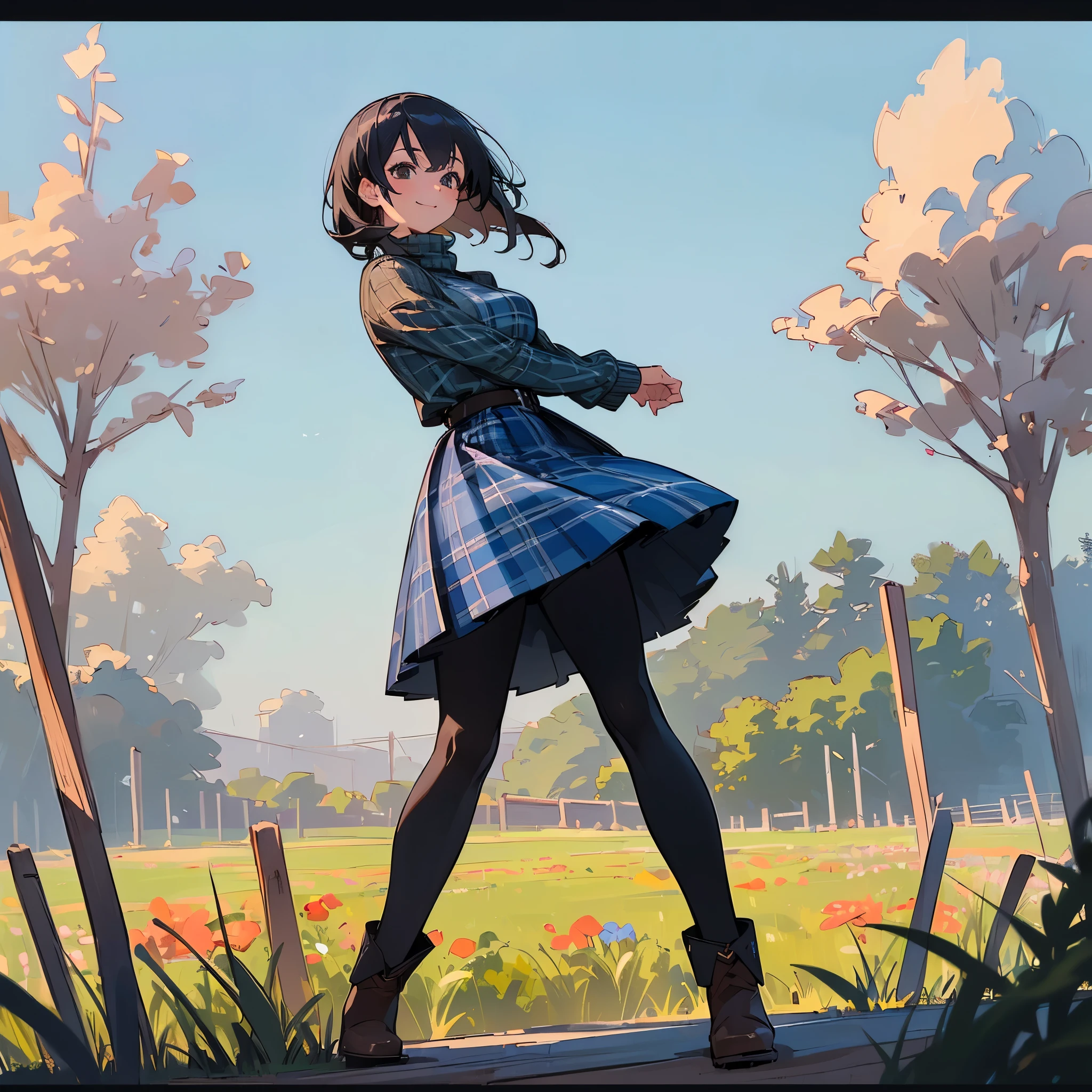 (high quality, High resolution, Super detailed, reality:1.37), peaceful atmosphere, (outdoor, garden), Teenage girl standing alone, (My breasts are big.), Beautiful detailed features, cute smile, (black bob hair), ribbed sweater, Blue plaid skirt, black tights, brown boots.