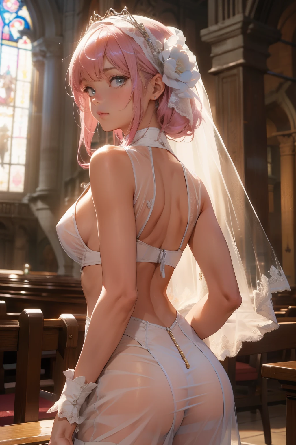 (quality)), ((masterpiece)), Recommended results、Puffy nipples、(see through:1.5)、straighten your back、abdominal muscles、huge bust、angle to floor:1.2、low camera angle、Hair loss on crotch，Hatsune Miku，(masterpiece, 最好的quality:1.3)
Lightning FF13,  1 girl, alone, pink hair, in wedding dresses, wedding veil, inside a church