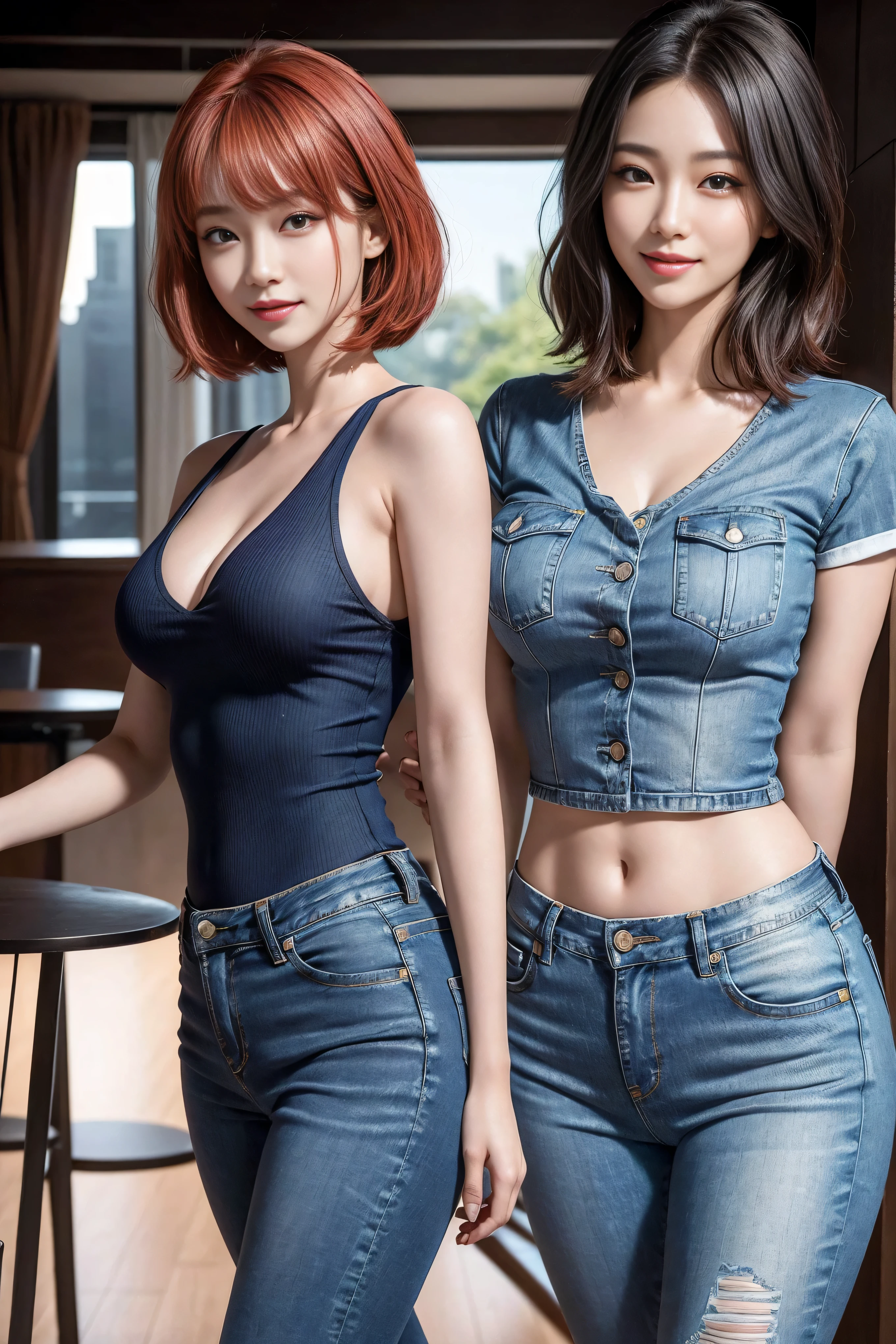 8k, masterpiece, original photo, best quality, realistically, Extremely detailed CG unified 8k, 8k, diamond, and wallpaper, depth of field, Light, 镜头Light晕发Light, Light线追踪, super maria dress （low cut、Tight （ultrashort，Denim hot pantull bodyesbian)),((Leg length)), （big deal腿间隙：1.5），（Buttocks raised，wide hips），beautiful korean girl, kpop idol, 1 girl, (Very slim and muscular body:1.3), ((view viewer)),(bright smile:1.3),（big deal），（（white crop top：1.5） open collar vest）， Short hair details, red hair clothes， lifelike， photography， （high resolution）， （realistically：1.4）， （very complicated）， （Exquisite details）， Nipples are very delicate， high resolution， original， Extremely detailed 8k wallpapers， best quality， Detailed faces， super detailed， original photo， realistically， (extremely beautiful face, beautiful lips, beautiful eyes), Complex and detailed face, ((Skin is super delicate)，（low cut、Tight （Flare Jeans）），（big deal腿间隙：1.5），（Large audience:1.3) Short hair details, red hair clothes，awas, very slim, Moderate, looking back, rear projection, , scantily clad