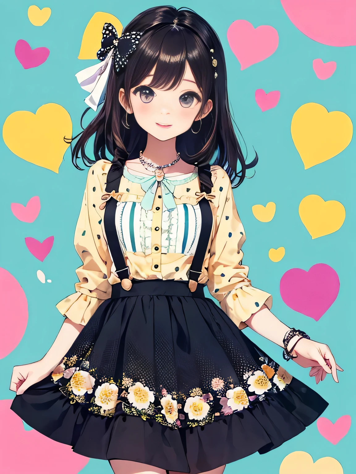 highest quality、High resolution、detailed background、
It is best to choose colors that have a cute atmosphere., bright colors and pastel colors.。
pink、Light blue、A typical example is yellow.。.。
Add a top or skirt with frills or lace for a cute look..。
Polka dot pattern、flowers print、stripe, wait.、
Incorporating cute patterned items will add an accent to your outfit..。
Ribbon and heart motif hair accessories, necklace, big bow tie, wait.、Brighten up the whole atmosphere with cute accessories.。
We incorporate feminine silhouettes such as loose silhouettes and flared skirts.。、You can create a cuter impression.。
balanced coordination、
It is important to balance the overall look by pairing oversized tops with tight bottoms., and vice versa, By pairing tight tops with voluminous skirts,、.。