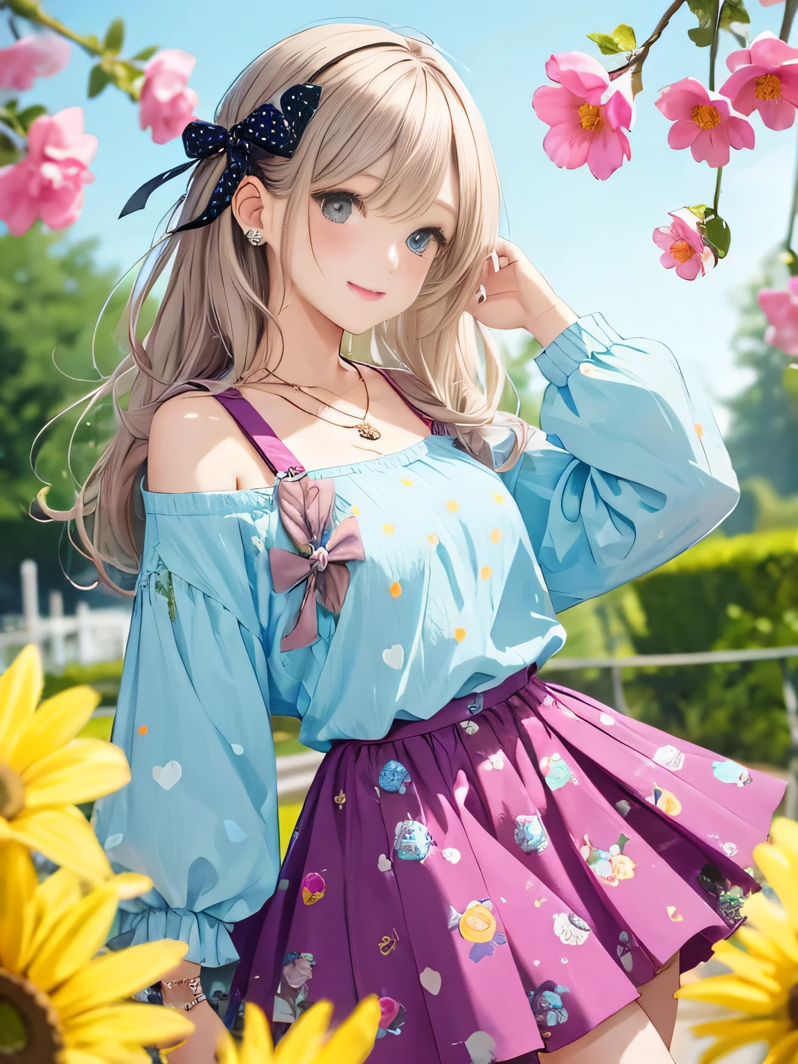 highest quality、High resolution、detailed background、
It is best to choose colors that have a cute atmosphere., bright colors and pastel colors.。
pink、Light blue、A typical example is yellow.。.。
Add a top or skirt with frills or lace for a cute look..。
Polka dot pattern、flowers print、stripe, wait.、
Incorporating cute patterned items will add an accent to your outfit..。
Ribbon and heart motif hair accessories, necklace, big bow tie, wait.、Brighten up the whole atmosphere with cute accessories.。
We incorporate feminine silhouettes such as loose silhouettes and flared skirts.。、You can create a cuter impression.。
balanced coordination、
It is important to balance the overall look by pairing oversized tops with tight bottoms., and vice versa, By pairing tight tops with voluminous skirts,、.。