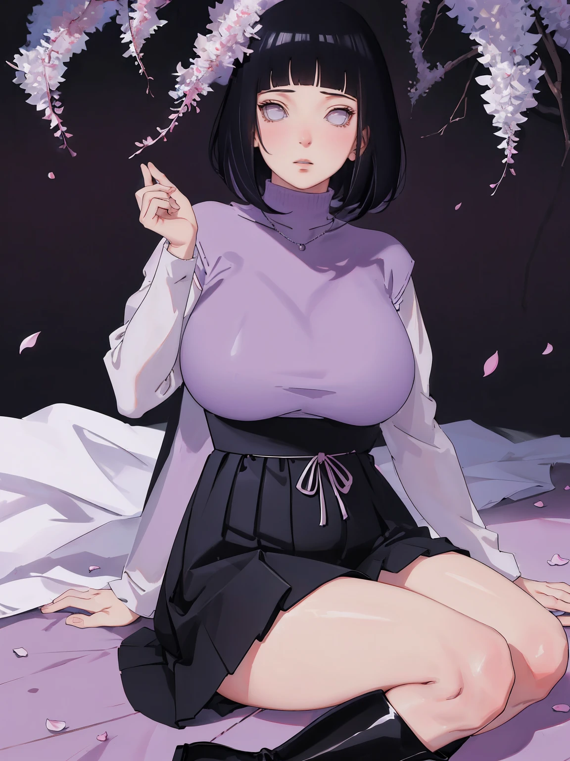 { - anatomy error} (Masterpiece - Ultra-detailed, very high resolution) (huge titusty, masterpiece, absurdres, hinata\(boruto\), 1girl, solo,mature female, lilac turtleneck blouse, high waist black long skirt, looking at viewelling petals), perfect composition, detailed lips, big breast, beautiful face, body propotion, blush, (pink lips), short hair, (black hair), purple eyes, soft gaze, super realistic, detailed, photoshoot, realistic face and body, closed mouth , lilac eyes, full body, sitting on the floor , back boots, hidden hands, perfect fingers, inocent face