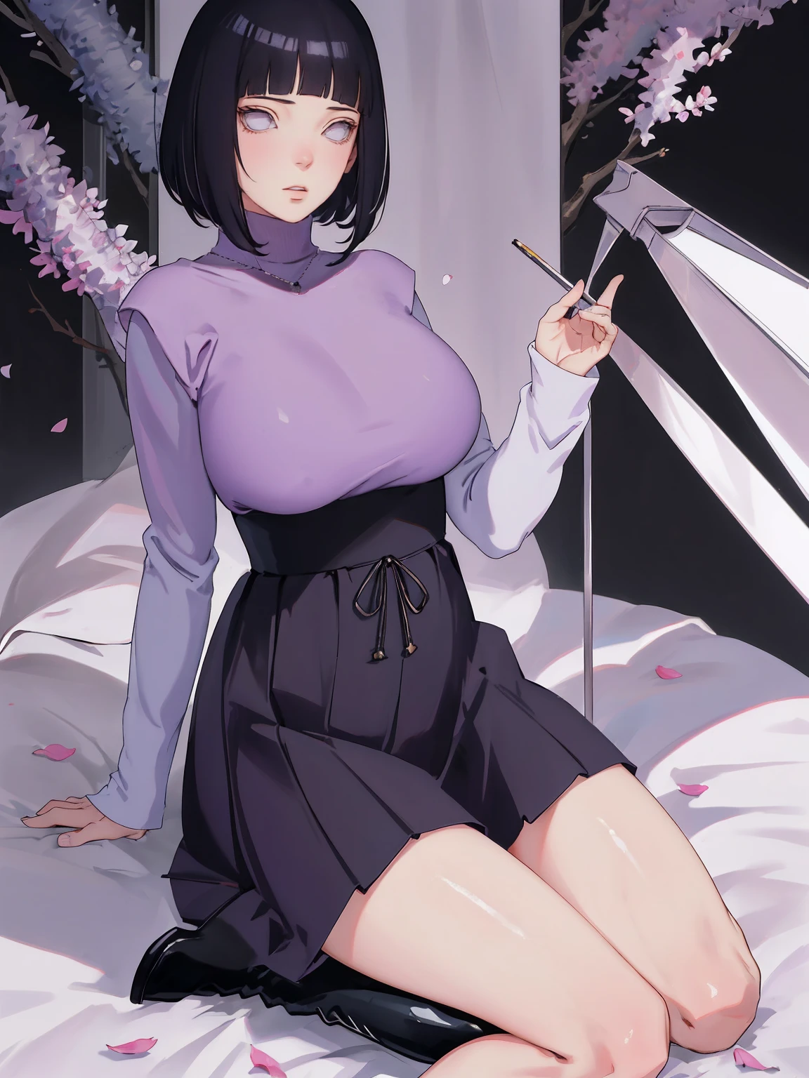 { - anatomy error} (Masterpiece - Ultra-detailed, very high resolution) (huge titusty, masterpiece, absurdres, hinata\(boruto\), 1girl, solo,mature female, lilac turtleneck blouse, high waist black long skirt, looking at viewelling petals), perfect composition, detailed lips, big breast, beautiful face, body propotion, blush, (pink lips), short hair, (black hair), purple eyes, soft gaze, super realistic, detailed, photoshoot, realistic face and body, closed mouth , lilac eyes, full body, sitting on the floor , back boots, hidden hands, perfect fingers, inocent face