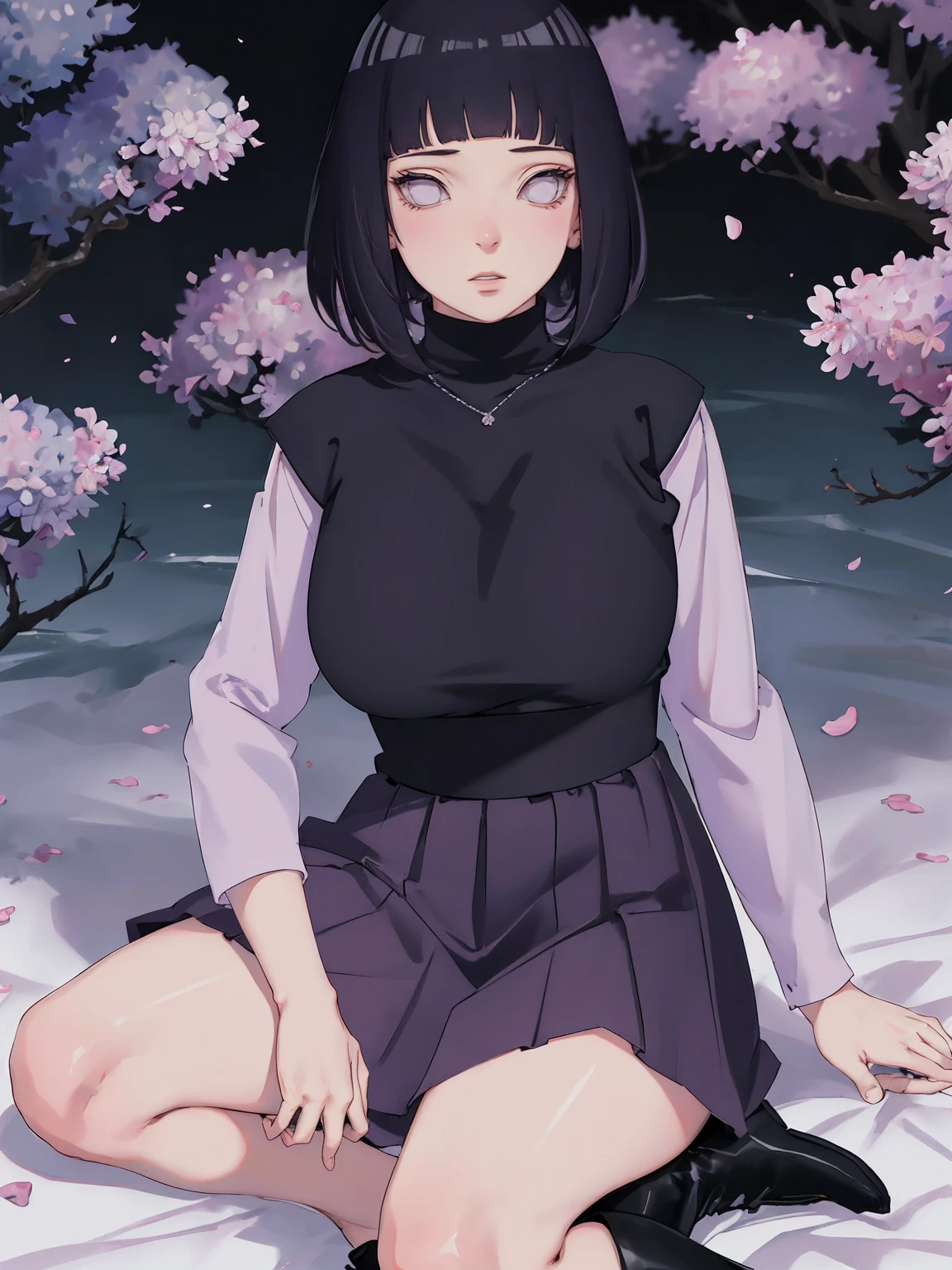 { -  error} (Masterpiece - Ultra-detailed, very high resolution) (huge titusty, masterpiece, absurdres, hinata\(boruto\), 1girl, solo,mature female, lilac turtleneck blouse, high waist black long skirt, looking at viewelling petals), perfect composition, detailed lips, big breast, beautiful face, body propotion, blush, (pink lips), short hair, (black hair), purple eyes, soft gaze, super realistic, detailed, photoshoot, realistic face and body, closed mouth , lilac eyes, full body, sitting on the floor , back boots, hidden hands, perfect fingers, inocent face