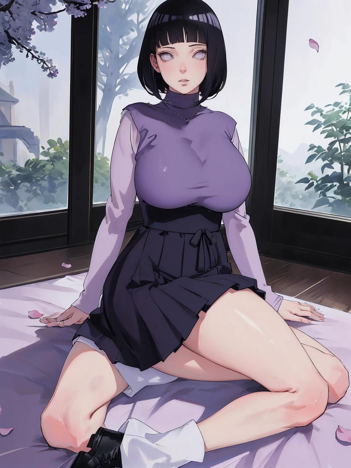{ - anatomy error} (Masterpiece - Ultra-detailed, very high resolution) (huge titusty, masterpiece, absurdres, hinata\(boruto\), 1girl, solo,mature female, lilac turtleneck blouse, high waist black long skirt, looking at viewelling petals), perfect composition, detailed lips, big breast, beautiful face, body propotion, blush, (pink lips), short hair, (black hair), purple eyes, soft gaze, super realistic, detailed, photoshoot, realistic face and body, closed mouth , lilac eyes, full body, sitting on the floor , back boots, hidden hands, perfect fingers, inocent face