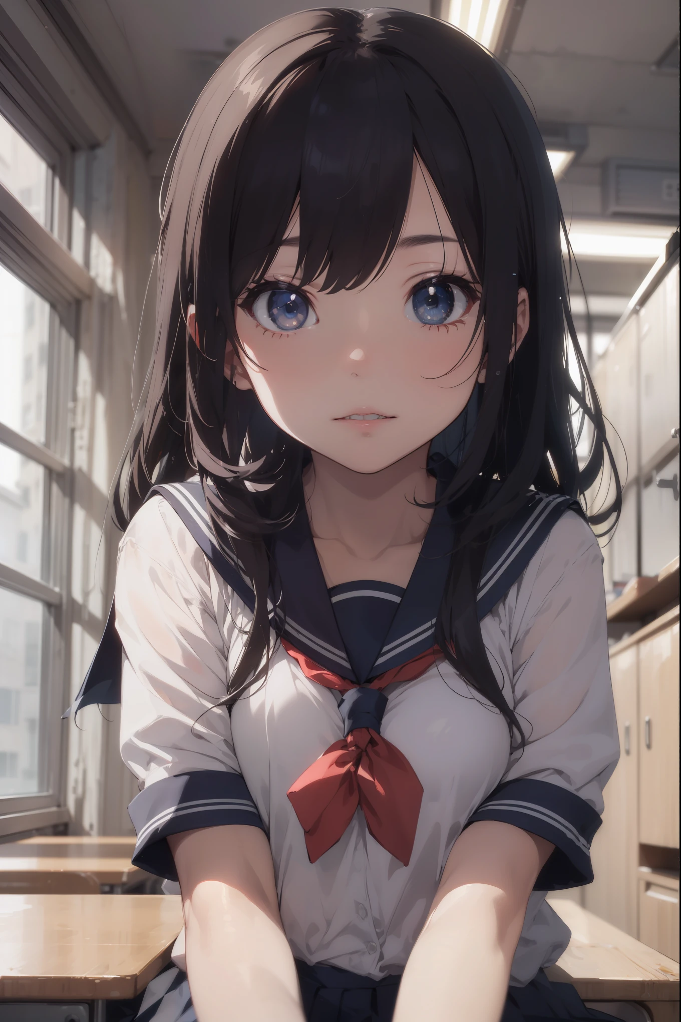 masterpiece, best quality, 8k, official art, raw photo, incredibly absurdres, beautiful girl, pretty face, (sitting, upper body, sailor uniform, serafuku,:1.2), school uniform, shirt, looking at viewer, close up, teen, classroom, bow tie, navy pleated skirt, ultra realistic, highres, photography, film grain, chromatic aberration, sharp focus, facelight, dynamic lighting, cinematic lighting, highest detailed, extreme detailed, ultra detailed, finely detail,  extremely detailed eyes and face
