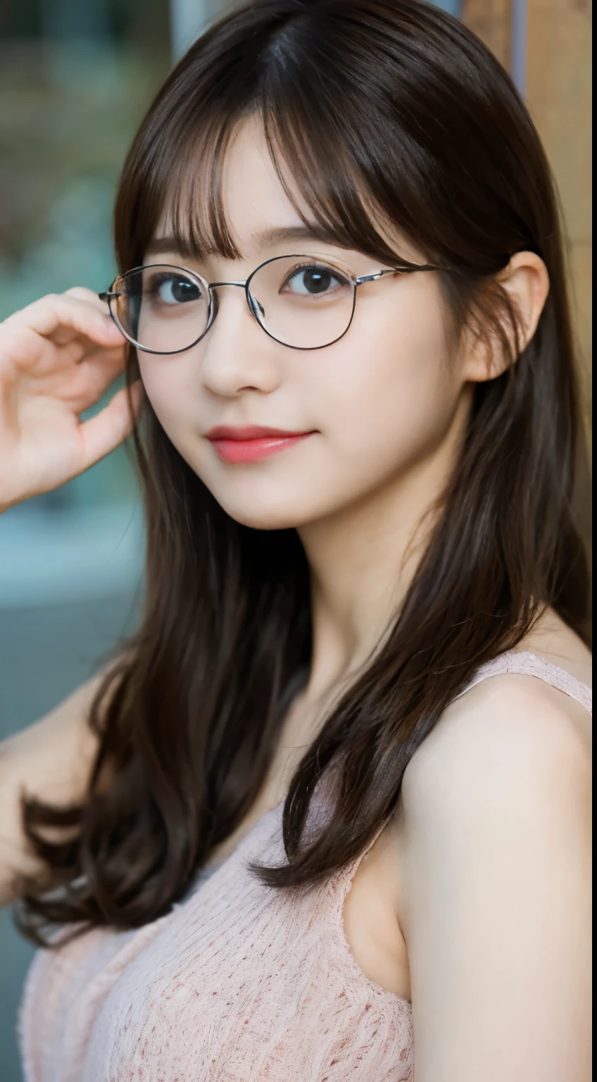 adorable, japanese girl, glasses , (smile:0.7), curly hair, hair scrunchie, , (highly detailed skin), (highest quality:1.0), (Super high resolution:1.0) ,(photo-realistic:1.0), (super detailed:1.0), (8K, RAW photo:1.1)
