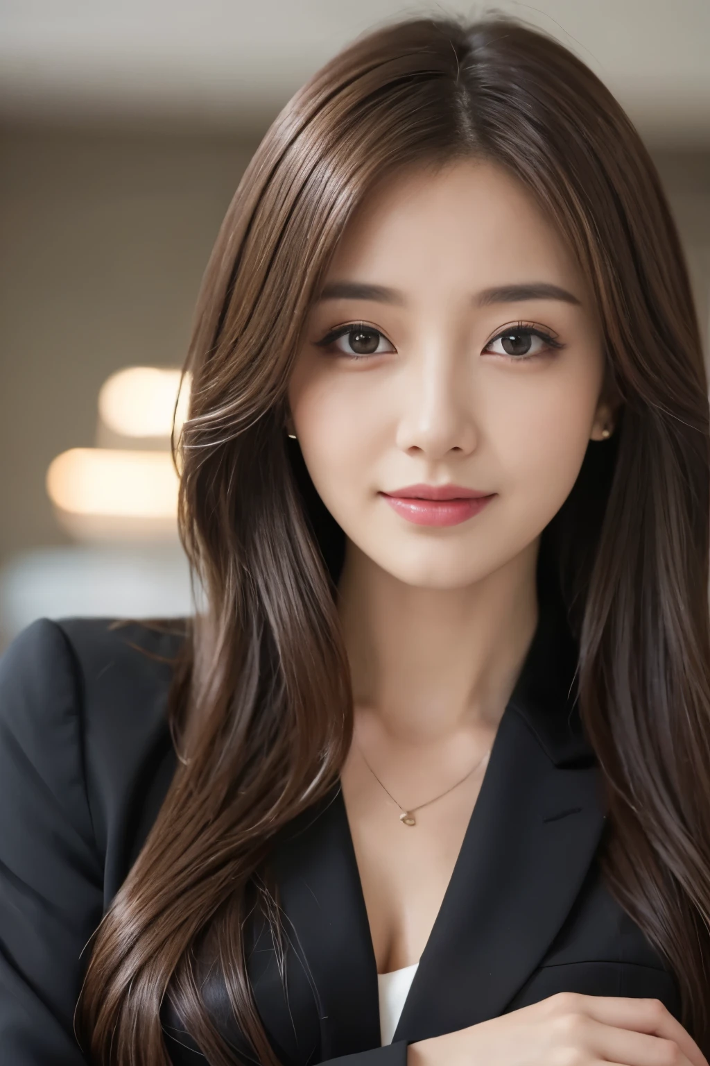 table top、highest quality、genuine、Super detailed、finely、High resolution、8k wallpaper、one beautiful woman、、、light brown disheveled hair、wearing a business suit、sharp focus、perfect dynamic composition、beautiful and detailed eyes、thin hair、詳細なgenuineな肌の質感、smile、close-up portrait、model body shape