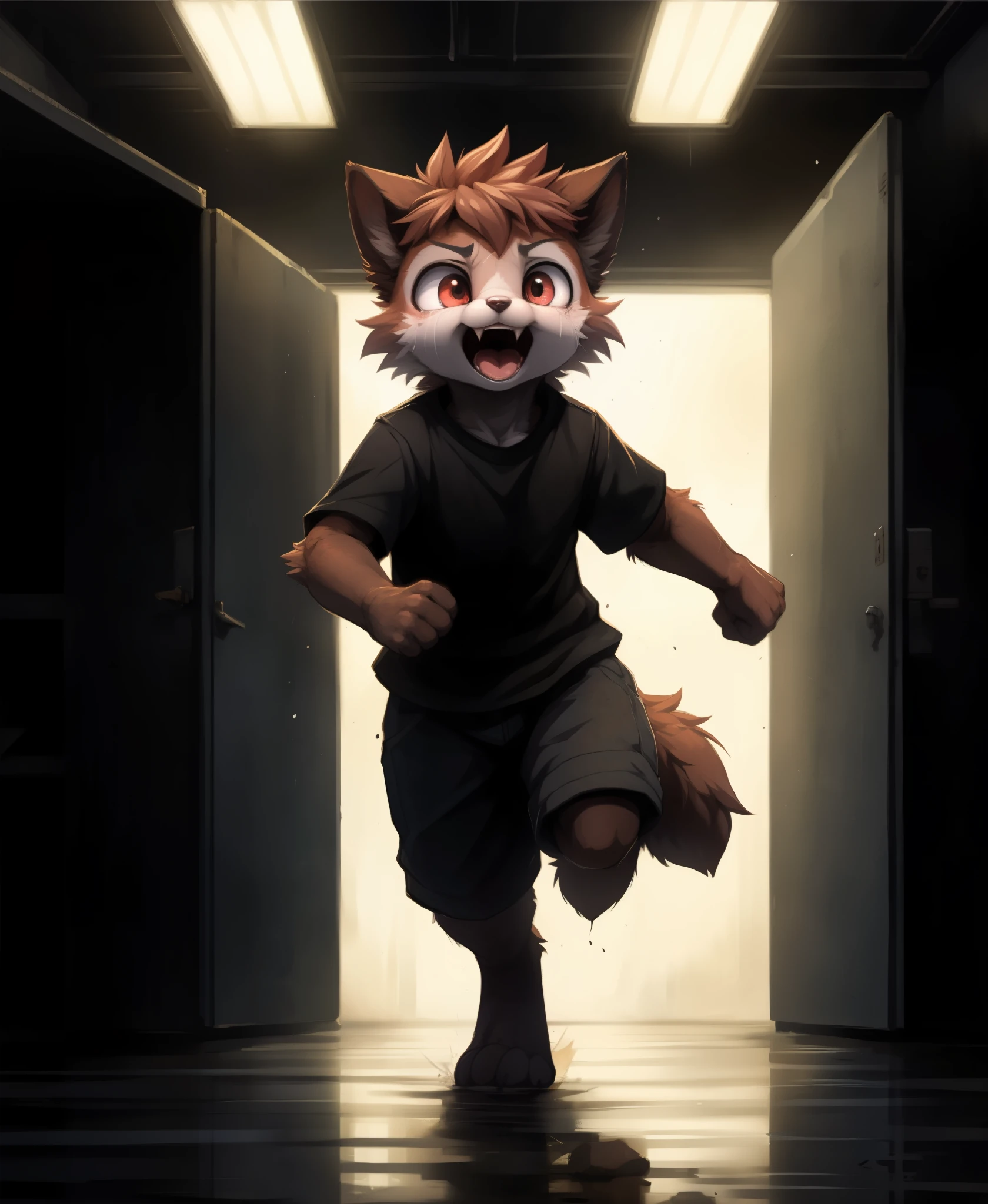 furry, ((anthro)), (male), cat face, detailed and extremely fluffy body fur, full body, dynamic pose, , ((SuperBolinha2)), fangs, ((running, run)), ((fear expression)), (fear:1.2), attacking, kicking and punching, jumping, highly_detailed_face, symmetrical_eyes, eye reflections, by dagasi, (by carrot:0.6), (by silverfox5213), by castitas, by tsukune minaga, (by manmosu marimo:0.6), by kenket, (), (solo), BREAK Photograph of subliminal horror in style of Roger Deakins, backrooms background, dark, monster background