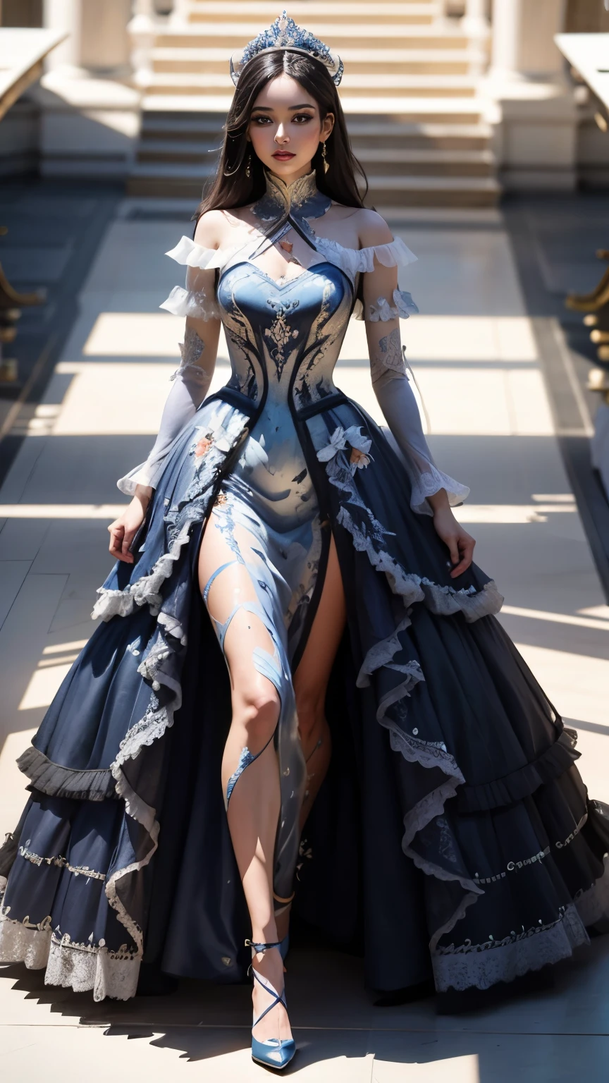 Aim from above,couture dress,full body standing painting,catwalk walk,Inside the majestic association,princess dress