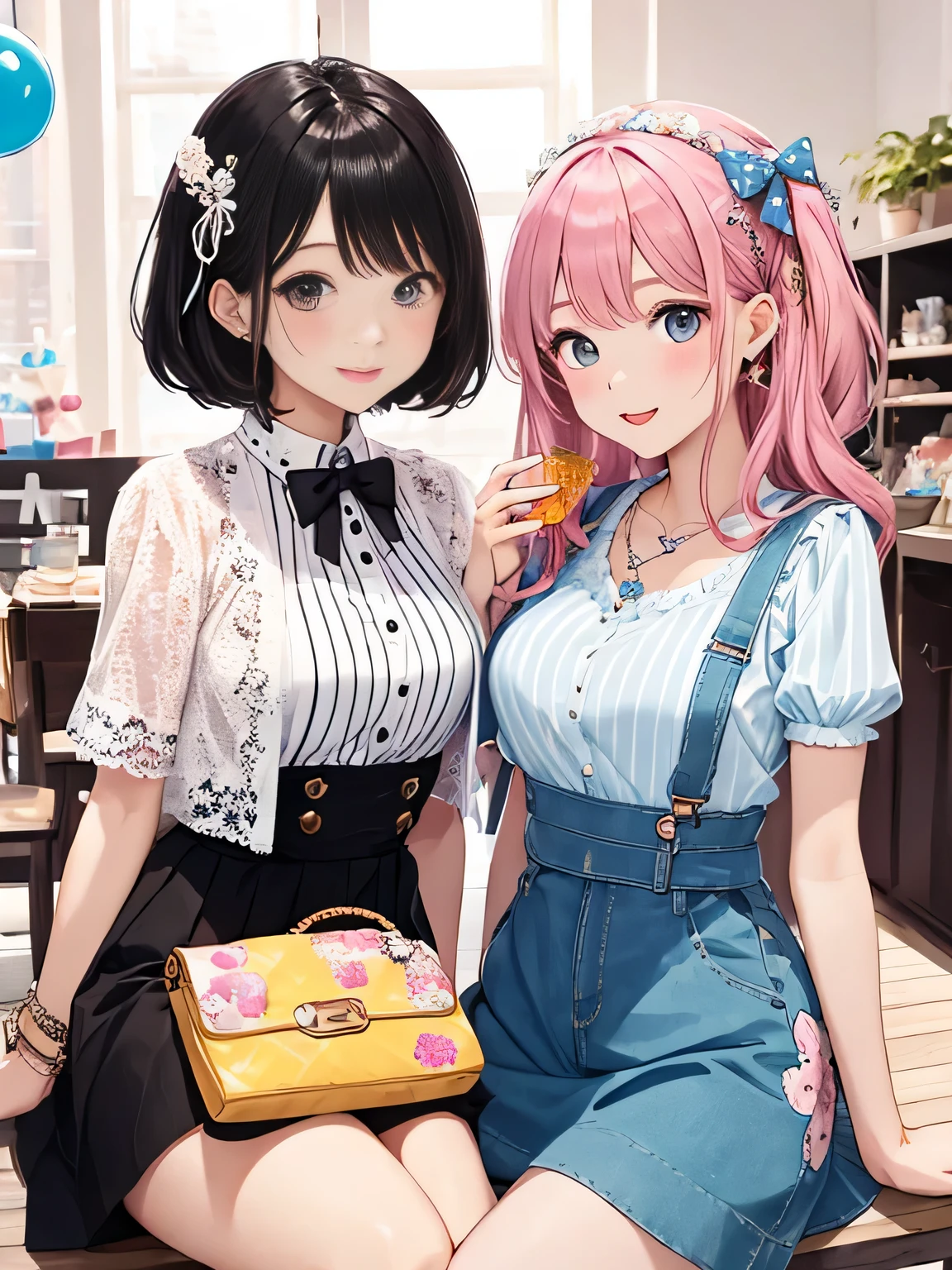 highest quality、High resolution、detailed background、
It is best to choose colors that have a cute atmosphere., bright colors and pastel colors.。
pink、Light blue、A typical example is yellow.。.。
Add a top or skirt with frills or lace for a cute look..。
Polka dot pattern、flowers print、stripe, wait.、
Incorporating cute patterned items will add an accent to your outfit..。
Ribbon and heart motif hair accessories, necklace, big bow tie, wait.、Brighten up the whole atmosphere with cute accessories.。
We incorporate feminine silhouettes such as loose silhouettes and flared skirts.。、You can create a cuter impression.。
balanced coordination、
It is important to balance the overall look by pairing oversized tops with tight bottoms., and vice versa, By pairing tight tops with voluminous skirts,、.。