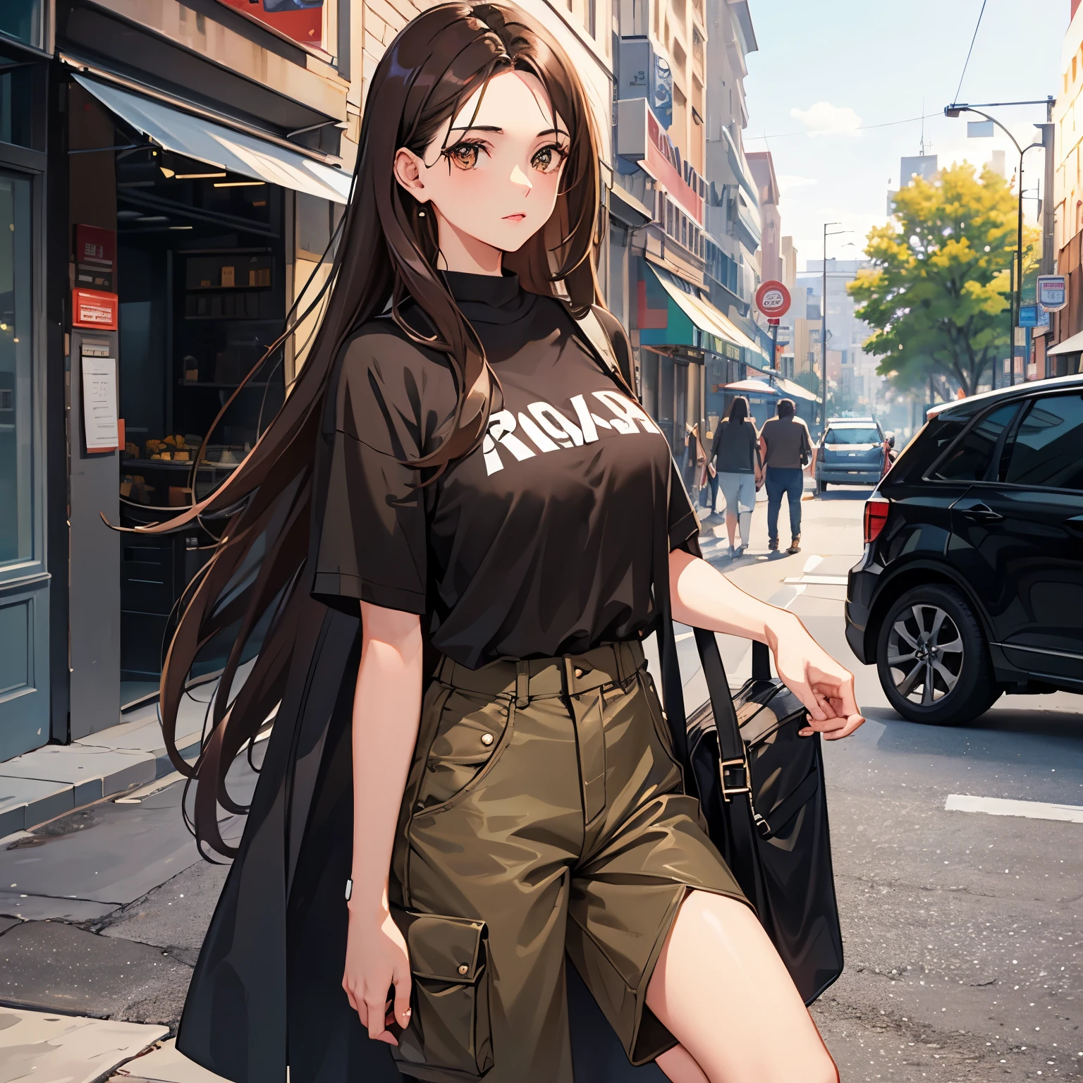 dark brown hair dark brown eyes small breasts 1bag 27 years old long hair casual outfit 1woman cargo pants