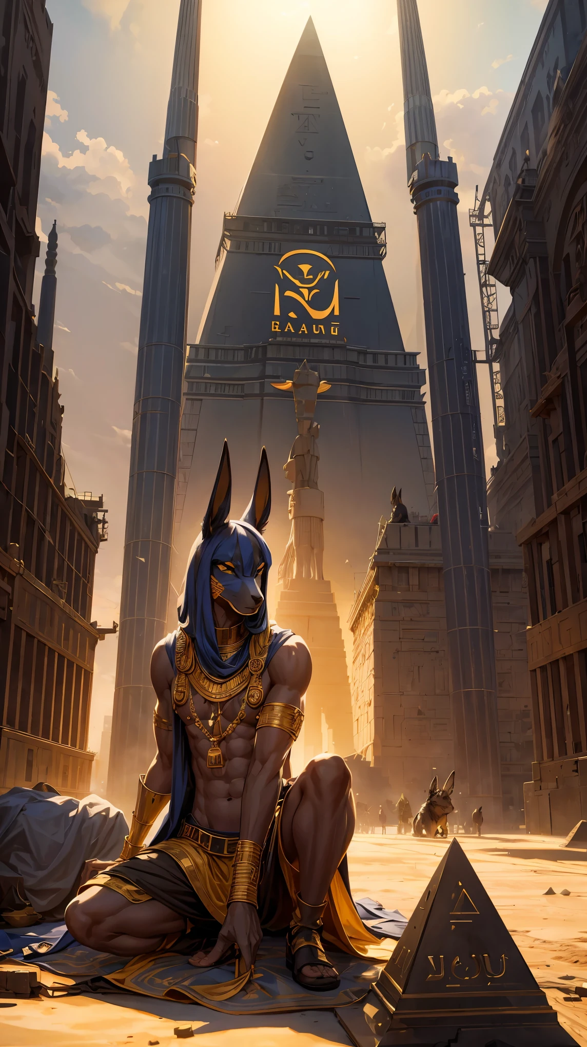 Living Anubis overseeing the construction of the great pyramid