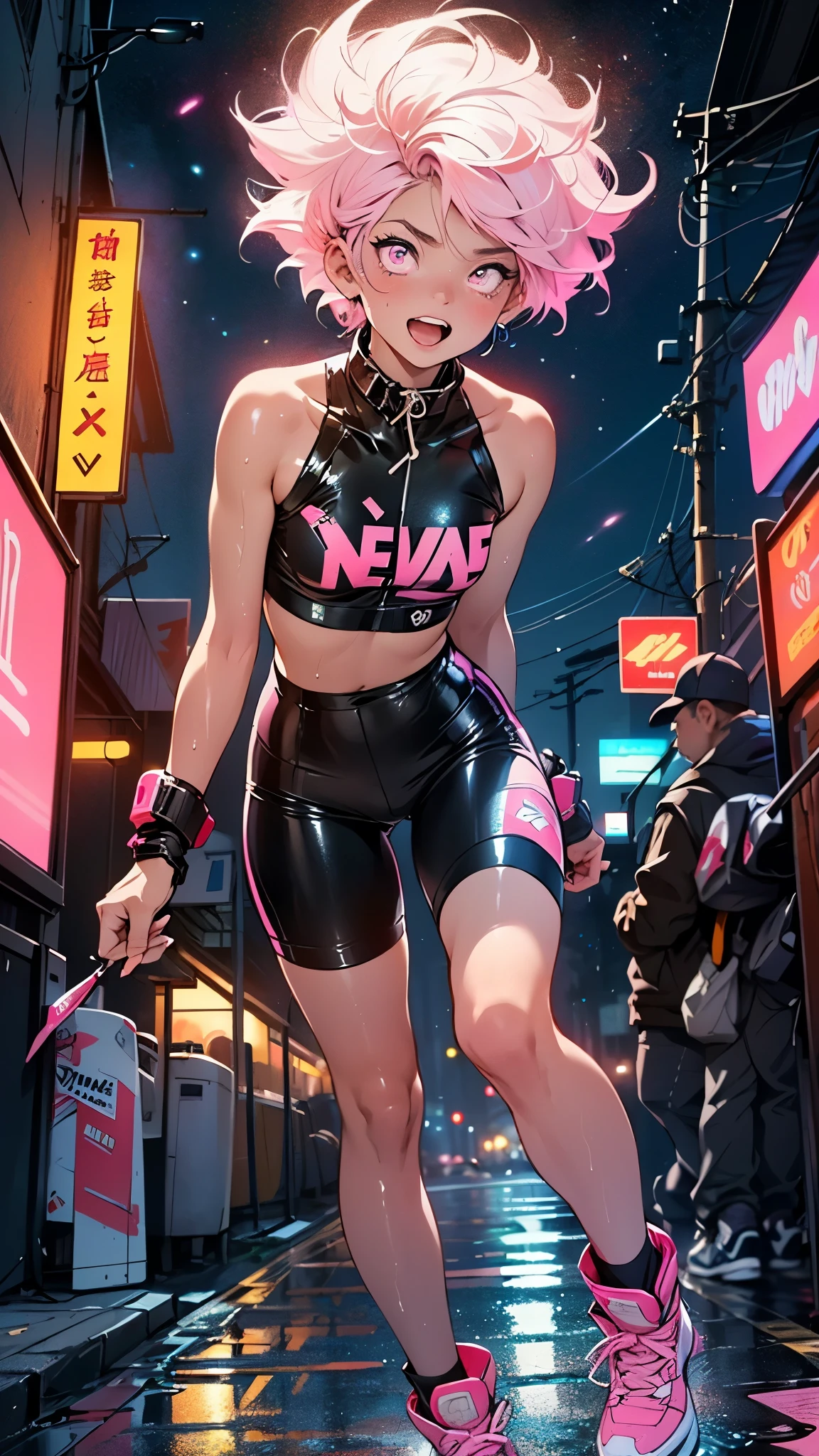 (1:1.3),(1boy:1.5),-yeld,teger,femboy,Libido boy,Female physiognomy,
little boittle boy,boy,d only,,1boy,(m gender:1)))),
pink hair,short detailed hair,(((neon_pink_eyes:1.3))),intricate eyes,beautiful detailed eyes,symmetrical eyes,big eyes:1.5,'s chest,((kid body,a little chubby,good anatomy,accurate body proportions,detailed shota body for young boy,perfect anatomy))),
serious and thoughtful man,(nsfw),
flat chest,((fat)),(((lustrous skin:1.5,bright skin: 1.5,skin tanned,shiny skin,very shiny skin,shiny body,plastic glitter skin,exaggerated shiny skin,illuminated skin,wet legs))),(detailed body),
collar around his neck,The collar is attached to a thick dog leash,(tiny bulge on pants),Sweatshirt,revealing clothing,show skin,(micro clothes,rave fashion,visible thong straps,accessories LED),((underpants strap)),((wet clothes,intricate outfit,intricate clothes)),
(dynamic pose:1.0),solo focus,(embarrassed,open mouth),(centered,scale to fit dimensions,Rule of thirds),
cyberpunk city by the ocean at night, with bright neon signs and dark stormy clouds and puddles, scenery:1.25,nighttime, starry night, cosmos,Very dark night that makes the neon lights stand out, very bright neon lights,nighttime, starry night, cosmos,
artistic photography,(photography taken by sldr),highres, sharp focus,(ultra detailed, extremely detailed), (photorealistic artwork:1.37),(extremely detailed CG unity 8k wallpaper),((synthwave background theme)),(((vibrant colors))),intricate,(intricate background),(masterpiece),(best quality),perfect rendered face,perfect face details,realistic face,photo realistic,analog style,((intricate detail)),(((realism))),