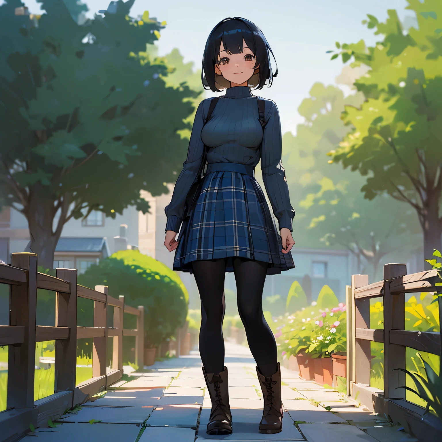 (high quality, High resolution, Super detailed, reality:1.37), peaceful atmosphere, (outdoor, garden), Teenage girl standing alone, (My breasts are big.), Beautiful detailed features, cute smile, (black bob hair), ribbed sweater, Blue plaid skirt, black tights, brown boots.
