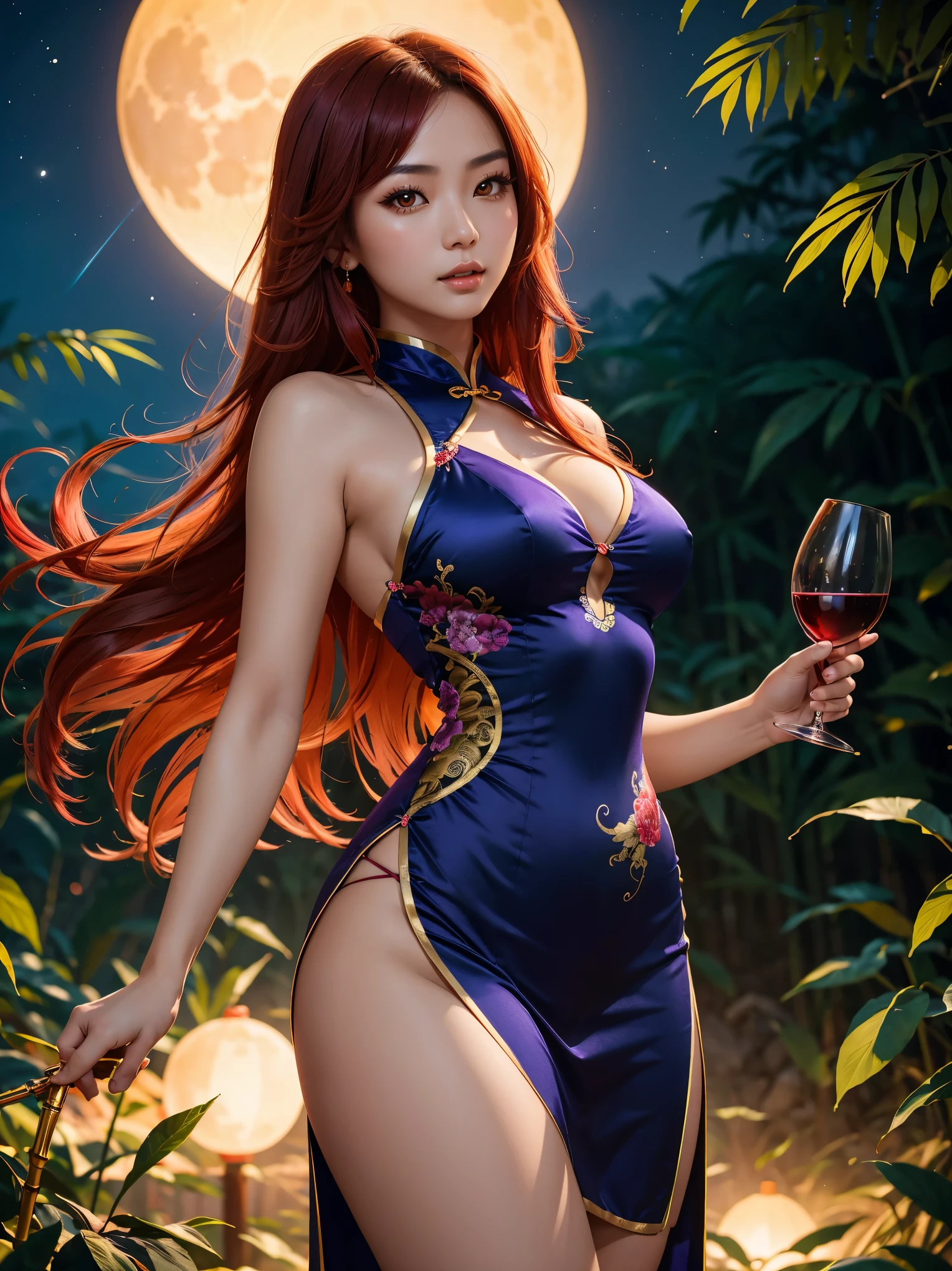(Beautiful aesthetic sexy Chinese woman, thicc hourglass figure,) holding wine glass, wearing colorful cheongsam_slit-dress with golden dragon_embroidery, 1thigh_garter, long red hair, night violet natural sky,round moon on the bamboo forest,blue night clouds, night jungle, soft fill lighting,
