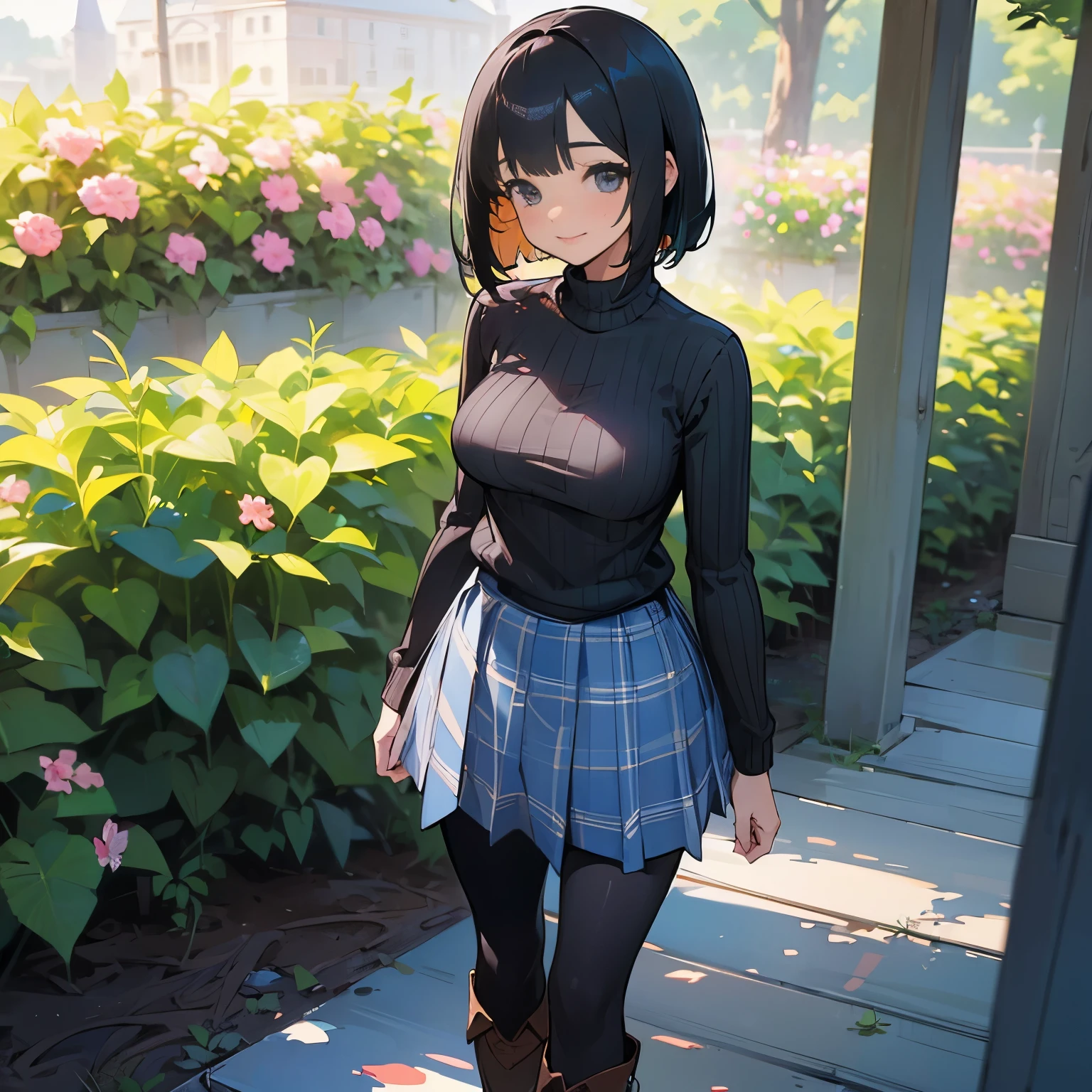 (high quality, High resolution, Super detailed, reality:1.37), peaceful atmosphere, (outdoor, garden), age girl standing alone, (My breasts are big.), Beautiful detailed features, cute smile, (black bob hair), ribbed sweater, Blue plaid skirt, black tights, brown boots.