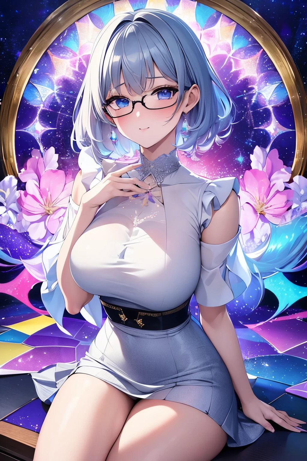 best quality, 32k, RAW photo, incredibly absurdres, extremely detailed, delicate texture, quiet and beautiful woman wearing glasses, iridescent short wolf cut that bounces and flows, amorous and lewd expression, wearing white blouse, gray skirt, superlative body proportion, put your hand between your legs, iridescent pastel colour, (wind:1.2), background fine stained glass kaleidoscope with a retro feel