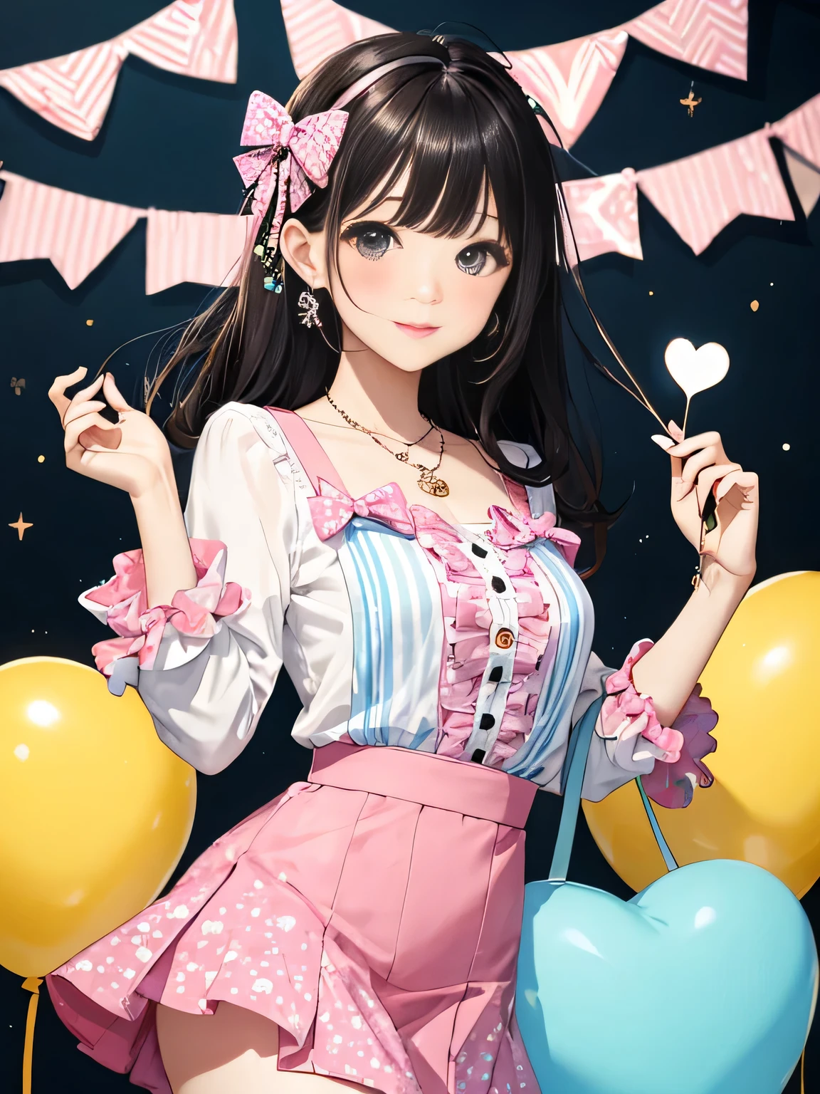 highest quality、High resolution、detailed background、
It is best to choose colors that have a cute atmosphere., bright colors and pastel colors.。
pink、Light blue、A typical example is yellow.。.。
Add a top or skirt with frills or lace for a cute look..。
Polka dot pattern、flowers print、stripe, wait.、
Incorporating cute patterned items will add an accent to your outfit..。
Ribbon and heart motif hair accessories, necklace, big bow tie, wait.、Brighten up the whole atmosphere with cute accessories.。
We incorporate feminine silhouettes such as loose silhouettes and flared skirts.。、You can create a cuter impression.。
balanced coordination、
It is important to balance the overall look by pairing oversized tops with tight bottoms., and vice versa, By pairing tight tops with voluminous skirts,、.。