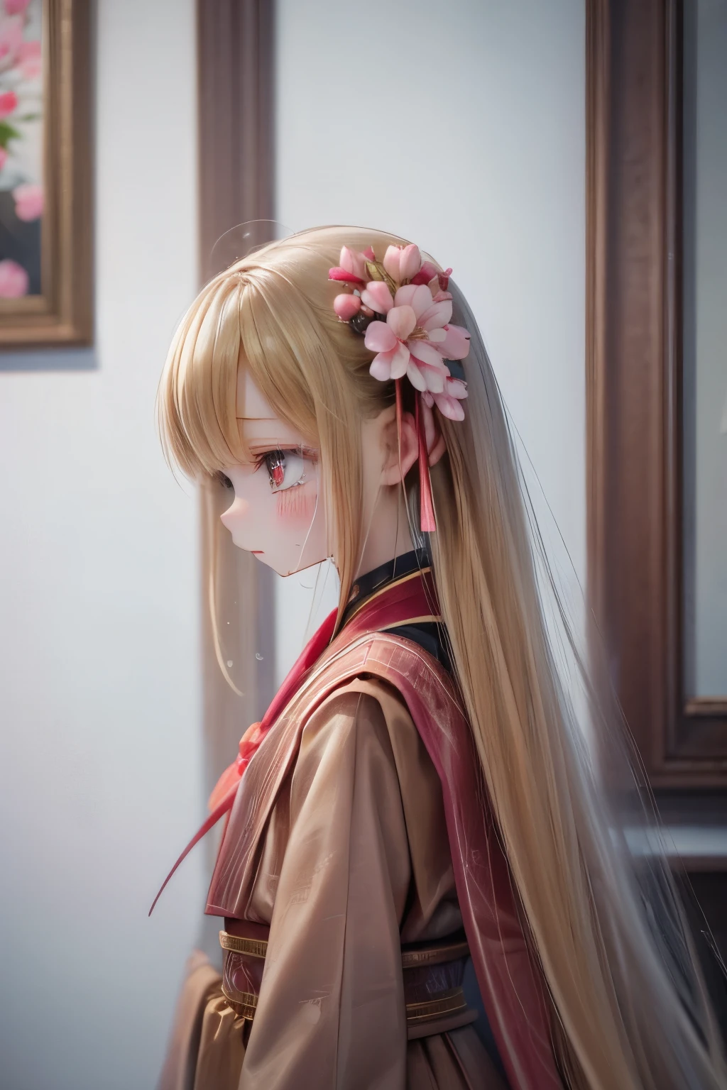 Doll standing in front of the painting、blonde、Face that cried、Thousands of miles away、pixiv、Rococo、dollfie dream、(high definition figures)、Flowing cherry colored silk、cherry blossom petals、Flowing cherry blossom silk、Taken from the side、Bokeh effect strong、season!!: 🌸 ☀ 🍂 ❄