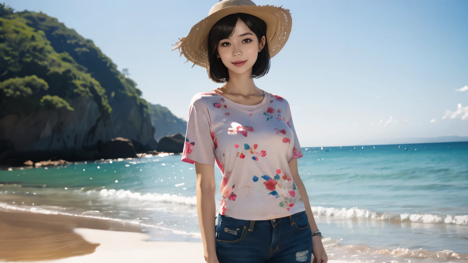 158
(Shorthair:1.46),  (a 20 yo woman, standing), (A hyper-realistic), (Masterpiece), (8KUHD), (gentle smile), Slender waist, Wearing jeans, ((Floral Clothing - T-Shirts)), Wearing long pants, (abstract painting), (splash on the beach),  (breasts:1.3), (口紅), panama hat
