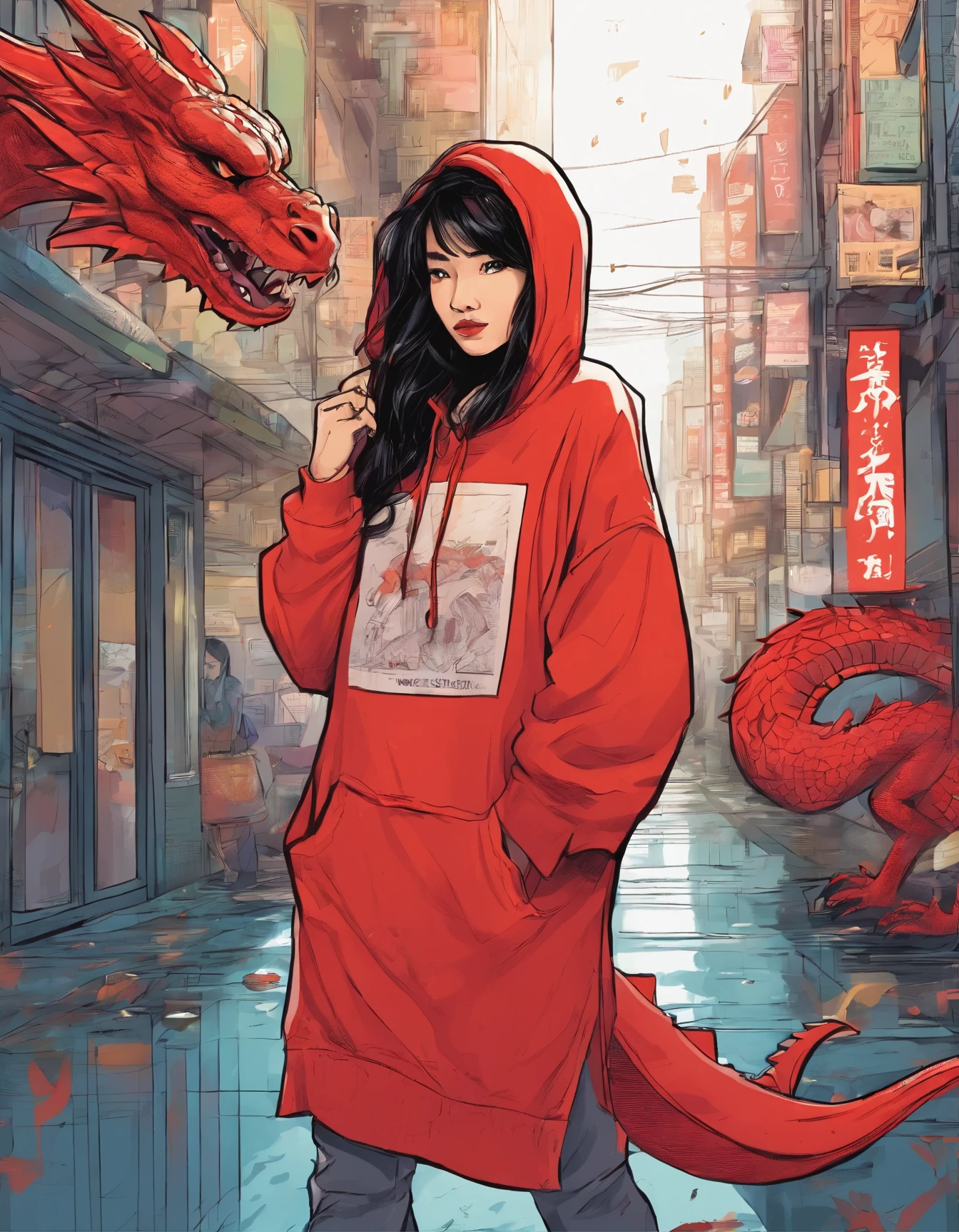 a confident young woman,Asian,Wear a red dragon hoodie, The streets at night are soaked by rain