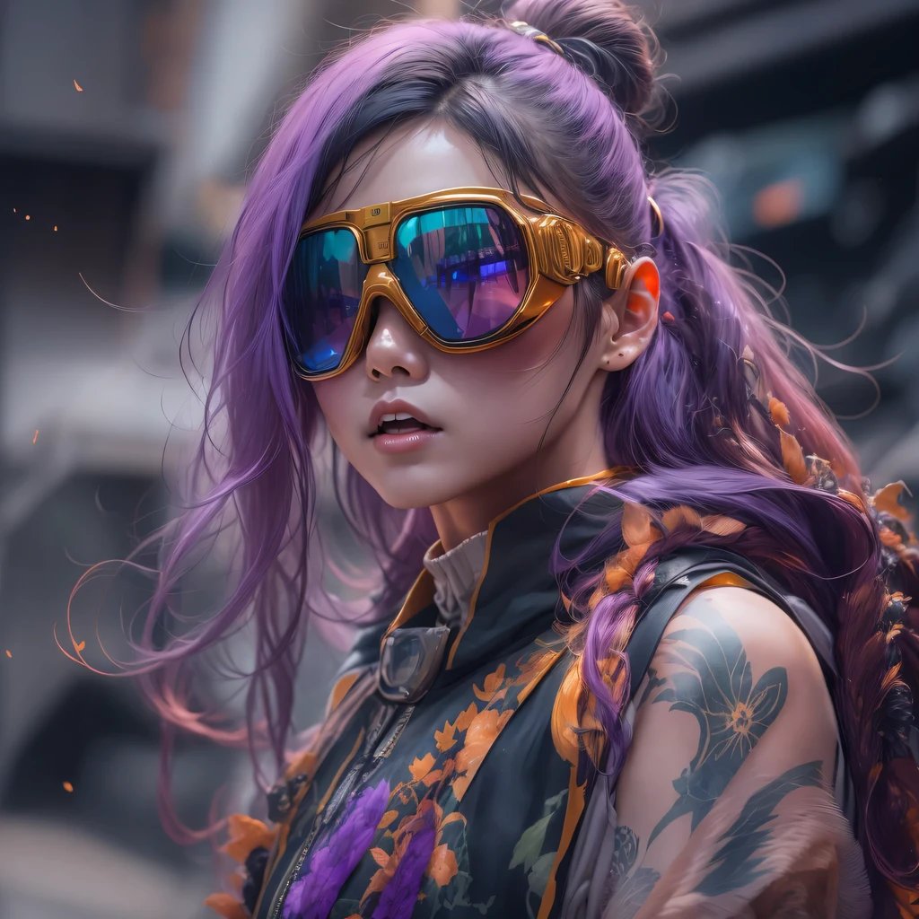1679 Cyberpunk Year（masterpiece，HD，超HD，32k lotus root starch）Bright purple flowing hair，autumn pond， lotus root starch color， Asian （Michiko）， （silk scarf）， fighting stance， looking at the colorful balloons， Orange gradient long hair， ((Thick frame reflective jade windproof goggles))Floating bright purple， Fire cloud gold headdress， Chinese long-sleeved gold silk garment， （Abstract ink splash：1.2），mars background，lotus（realistically：1.4），bright purple hair，Smoke on the road，The background is very ivory、pure， high resolution， Detailed wind protection goggles， RAW photos lotus root starch， Sharp Re， Nikon D850 film photo by Jefferies Lee 4 Kodak Portra 400 camera F1.6 guns, rich and colorful, Super real、Vivid textures, dramatic lighting, Unreal Engine Art Station Trend, Silicon Nest 800