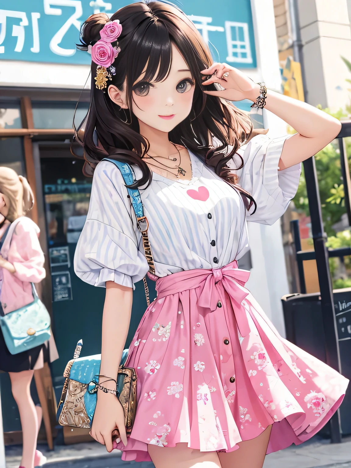 highest quality、High resolution、detailed background、
It is best to choose colors that have a cute atmosphere., bright colors and pastel colors.。
pink、Light blue、A typical example is yellow.。.。
Add a top or skirt with frills or lace for a cute look..。
Polka dot pattern、flowers print、stripe, wait.、
Incorporating cute patterned items will add an accent to your outfit..。
Ribbon and heart motif hair accessories, necklace, big bow tie, wait.、Brighten up the whole atmosphere with cute accessories.。
We incorporate feminine silhouettes such as loose silhouettes and flared skirts.。、You can create a cuter impression.。
balanced coordination、
It is important to balance the overall look by pairing oversized tops with tight bottoms., and vice versa, By pairing tight tops with voluminous skirts,、.。
