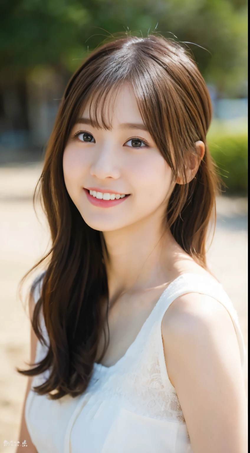 adorable, japanese girl, white dress ,beach、White hat (smile:0.7), curly hair, hair scrunchie, , (highly detailed skin), (highest quality:1.0), (Super high resolution:1.0) ,(photo-realistic:1.0), (super detailed:1.0), (8K, RAW photo:1.1)